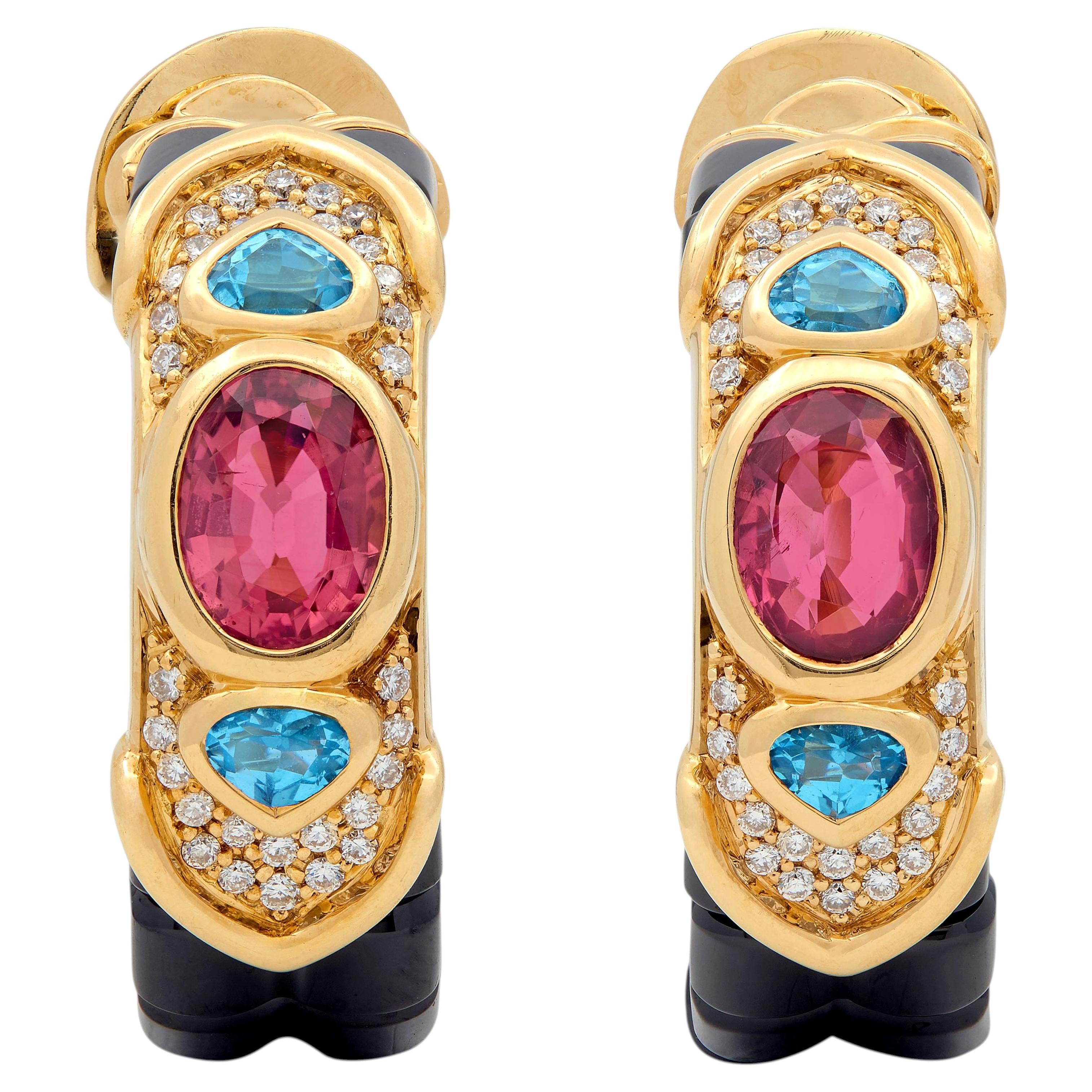 Marina B. 1980's Diamond Multi-Gem 18 Karat Yellow Gold Vintage Hoop Earrings