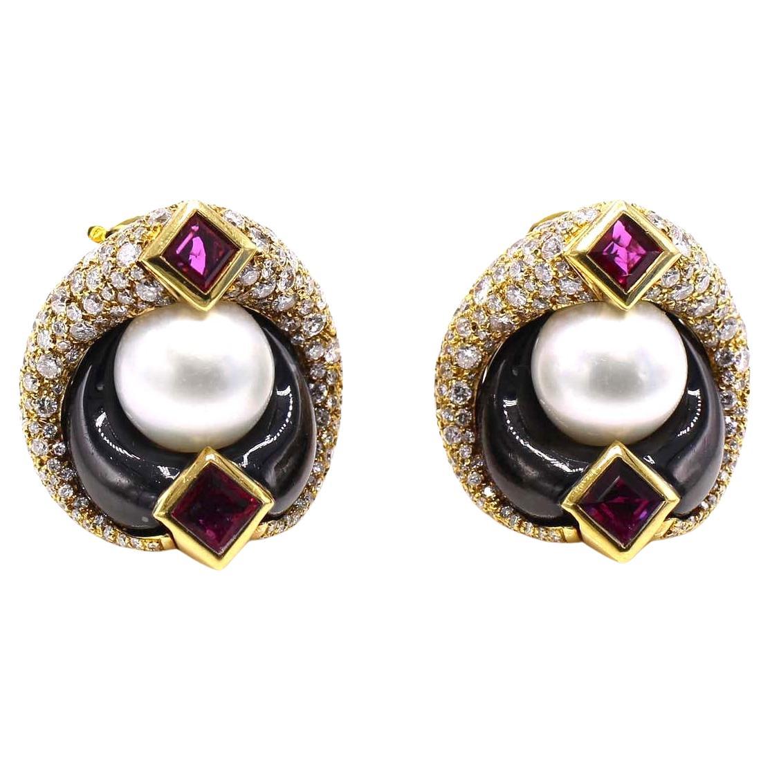 Marina B 1980s Diamond Onyx Pearl Ear Clips