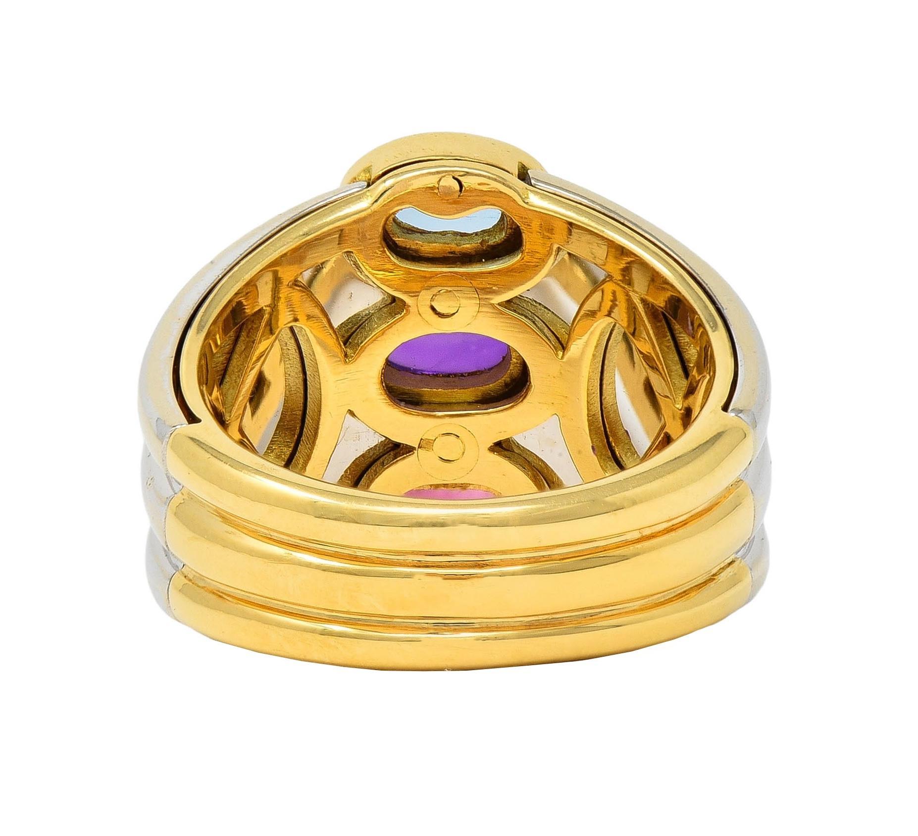 Marina B. 1980er Jahre Vintage-Ring aus 18 Karat zweifarbigem Gold mit Turmalin, Amethyst und Topas für Damen oder Herren