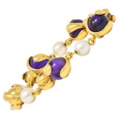 Marina B. 2000's Amethyst Pearl Citrine 18K Yellow Gold Cardan Bead Bracelet