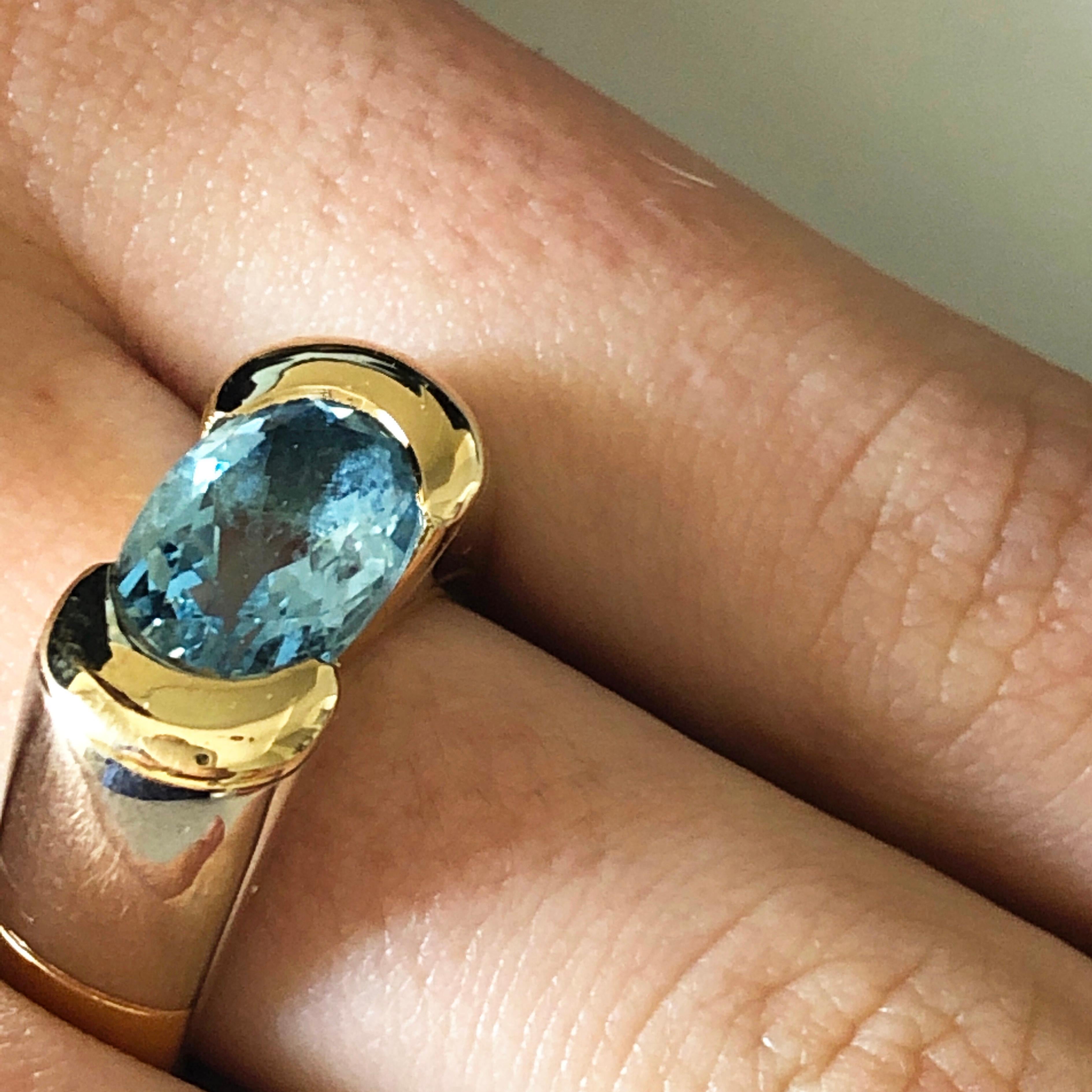 Marina B 3.12Kt Oval Elongated Aquamarine 18K White Yellow Gold Solitaire Ring In Excellent Condition In Valenza, IT