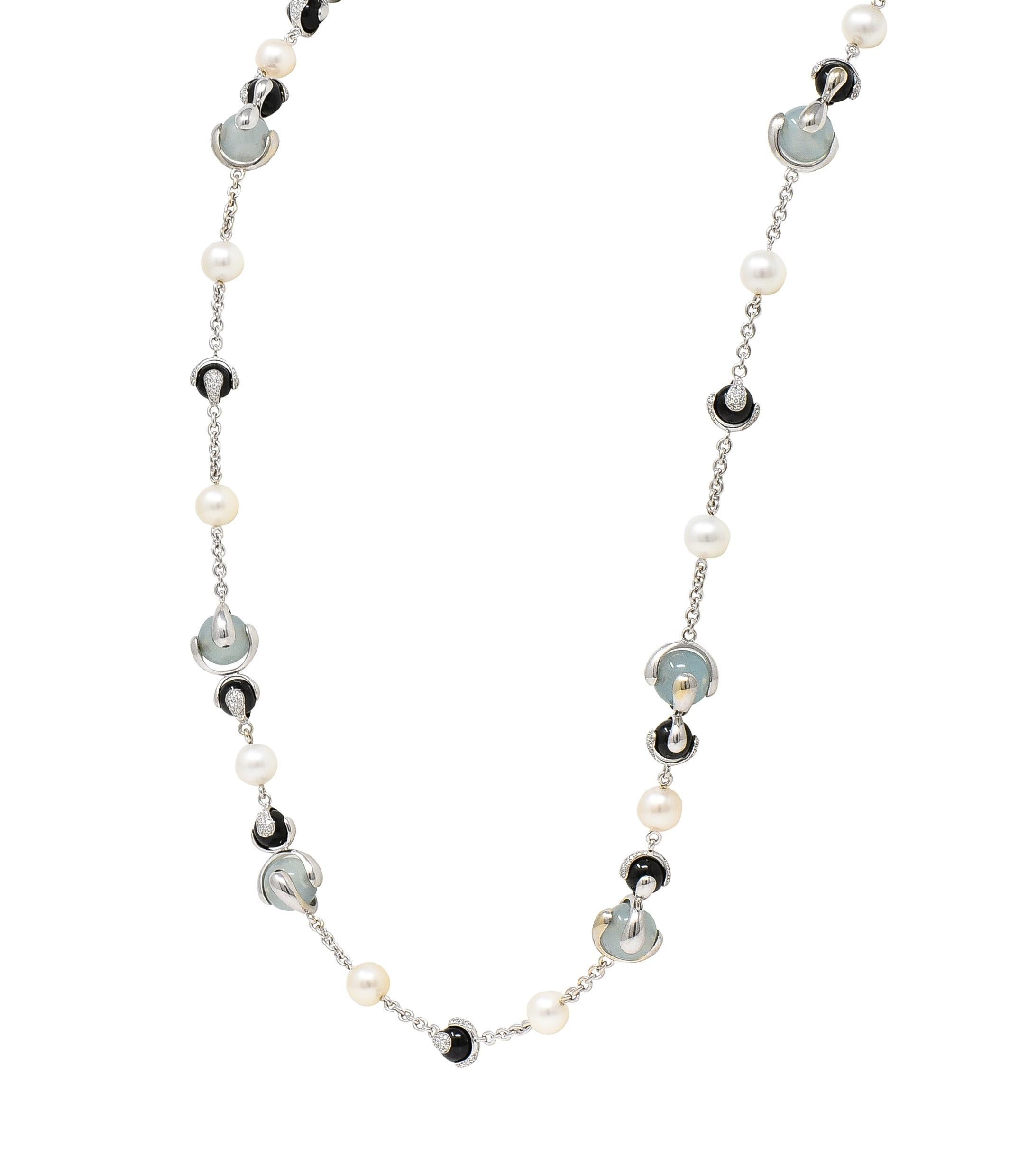 Round Cut Marina B. 3.89 CTW Diamond Onyx Pearl Moonstone 18 Karat White Gold Necklace For Sale