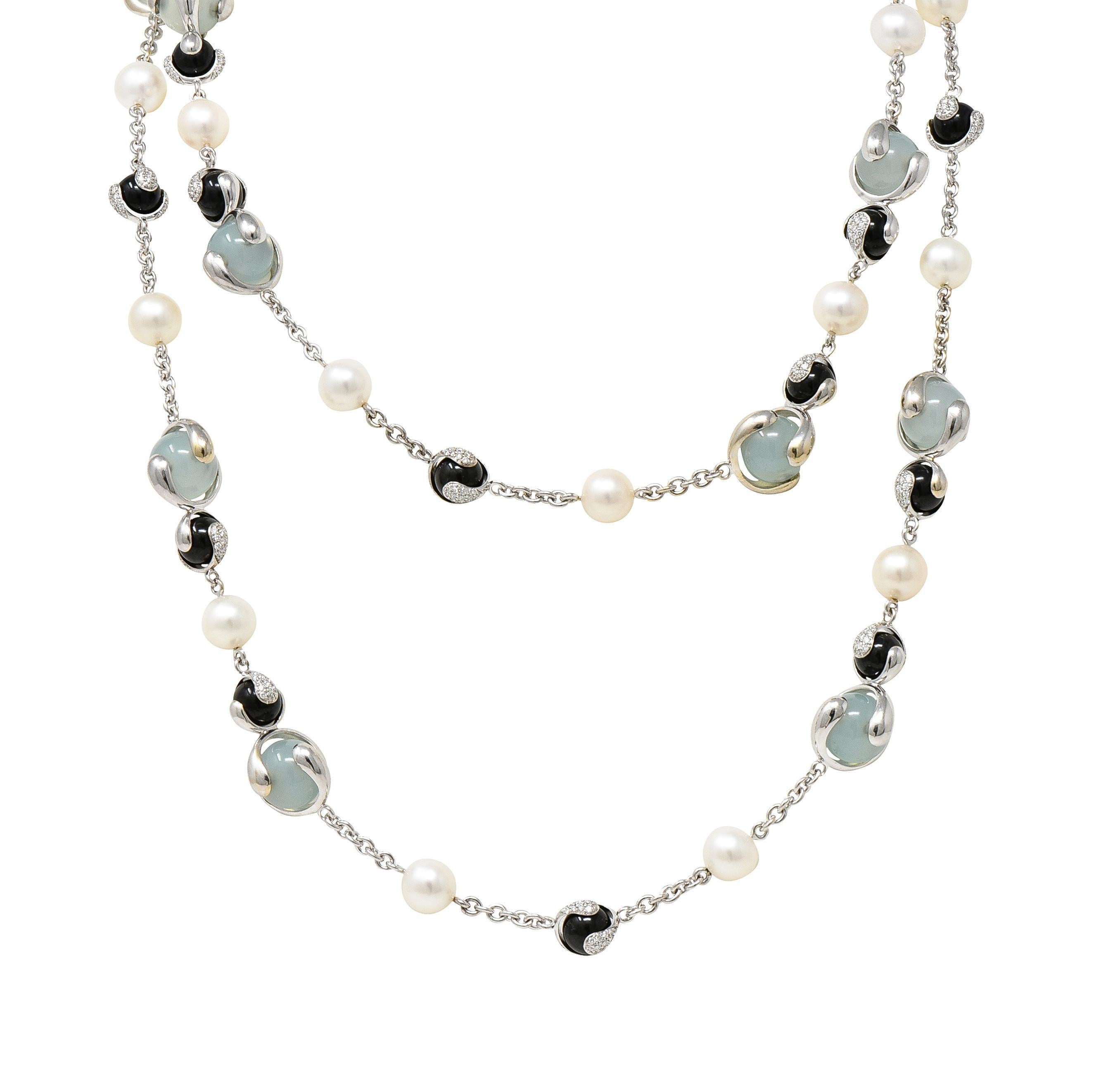 Women's or Men's Marina B. 3.89 CTW Diamond Onyx Pearl Moonstone 18 Karat White Gold Necklace For Sale