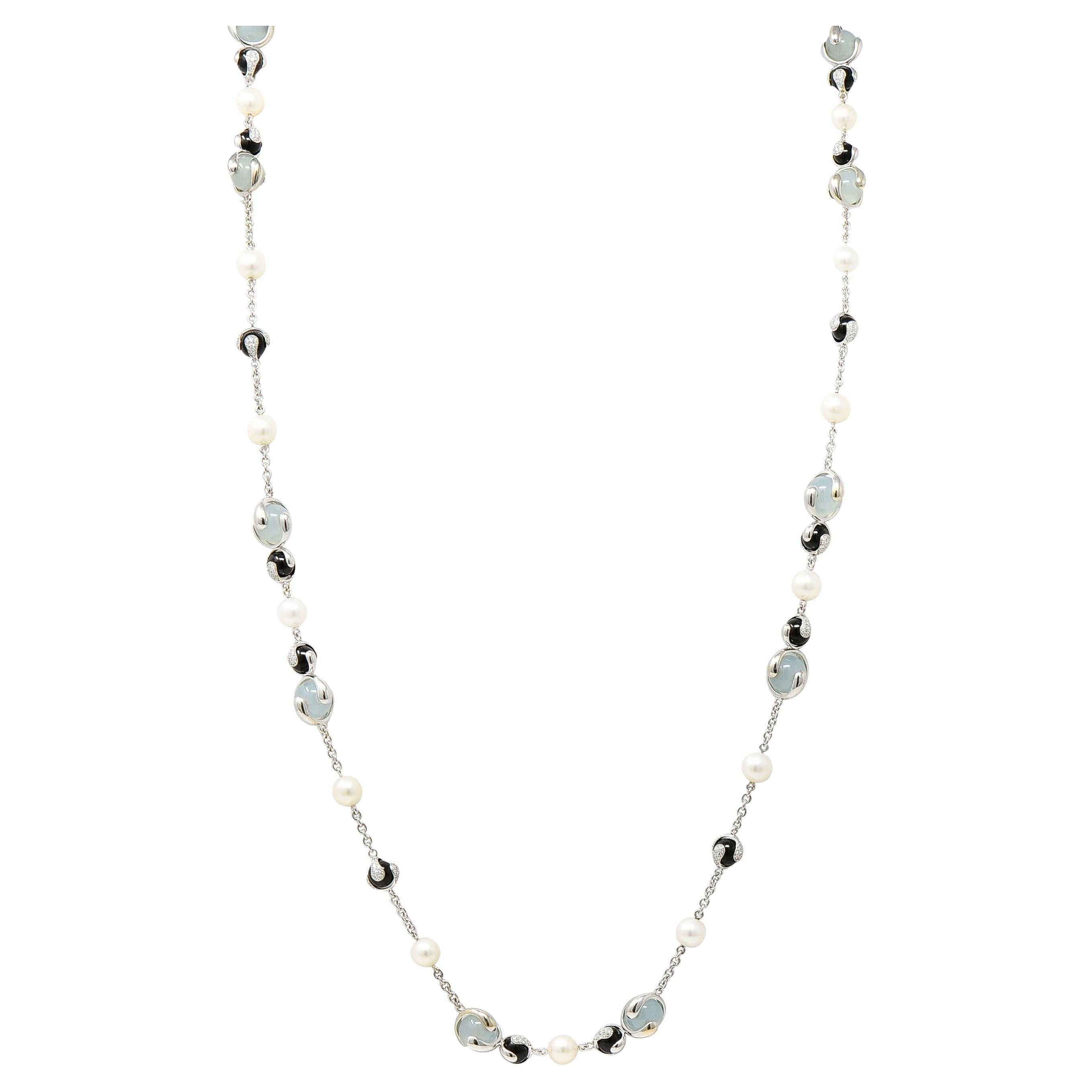 Marina B. 3.89 CTW Diamond Onyx Pearl Moonstone 18 Karat White Gold Necklace For Sale