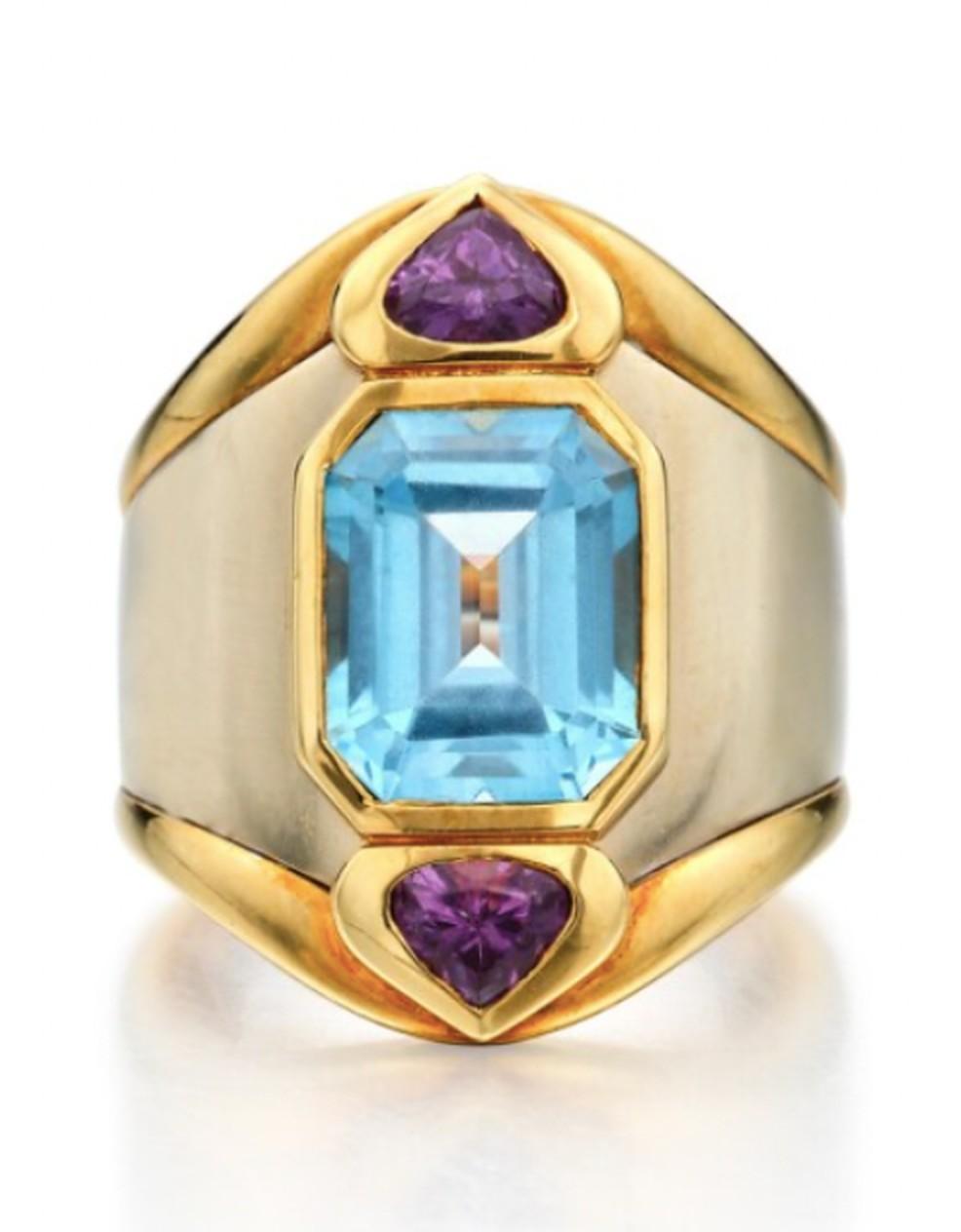 Mixed Cut Marina B Amethyst and Topaz Ring For Sale