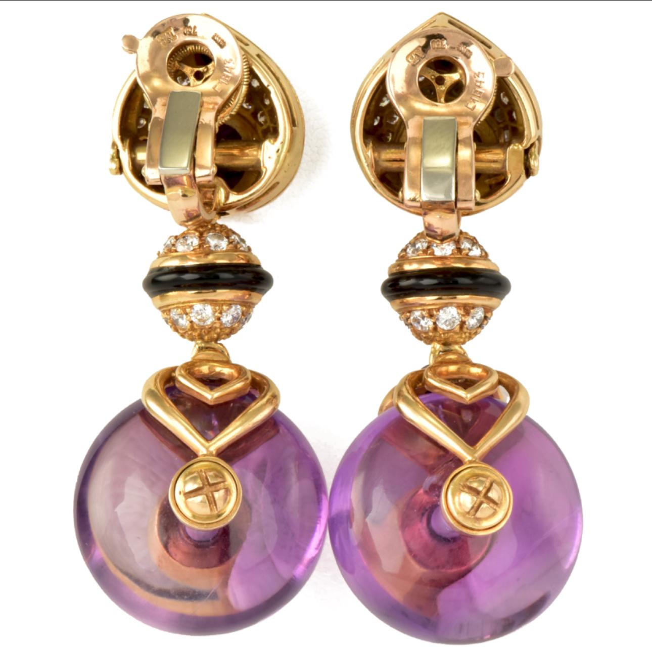 Iconic Pneu earrings by MARINA B, a pair of amethyst, diamond and onyx drop/clip on earrings in 18k yellow gold, each set with a round cabochon amethyst and marquise shaped polished onyx accented by round brilliant cut diamonds, suspending  links