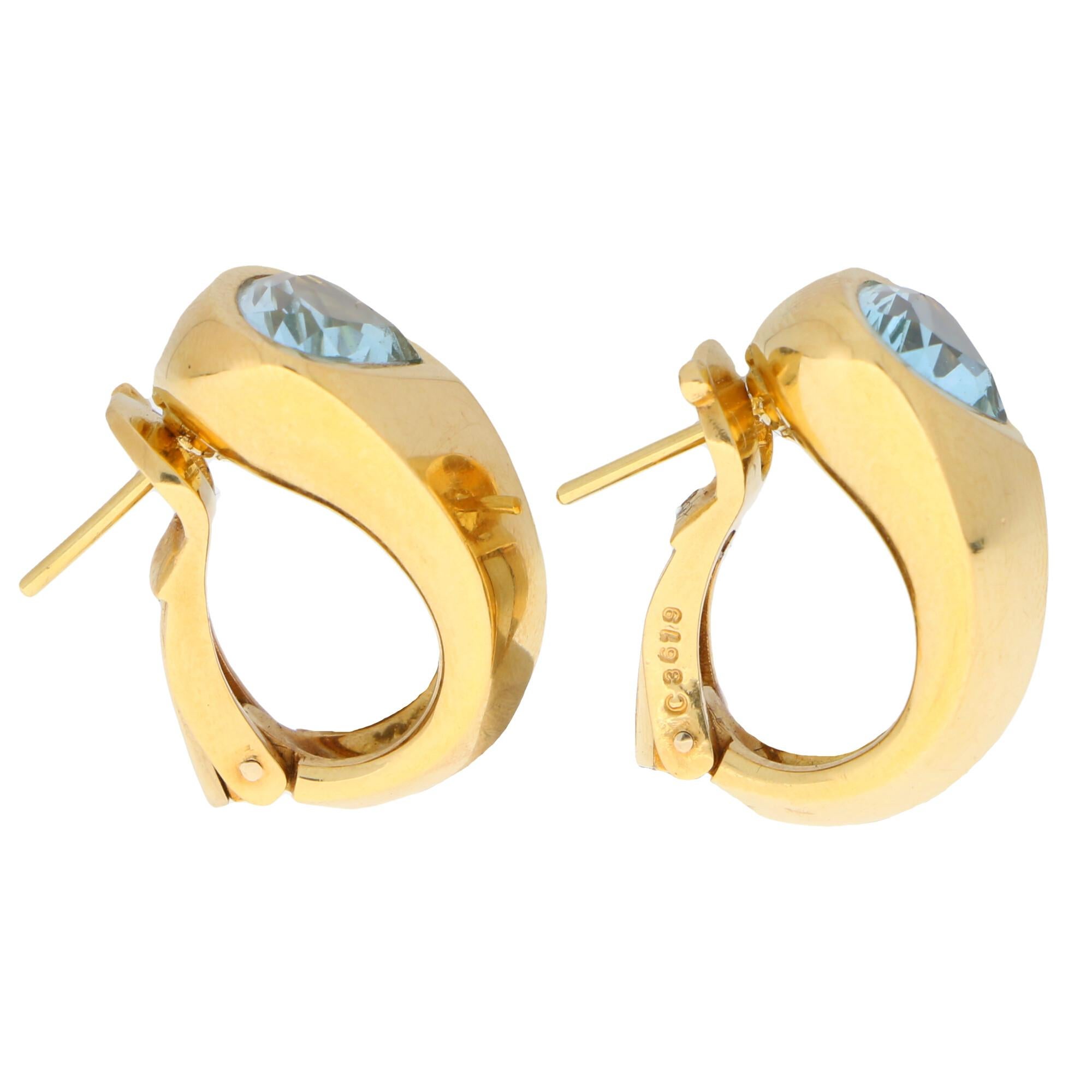 Modern Marina B Aquamarine Hoop Earrings Set in Solid 18 Karat Yellow Gold