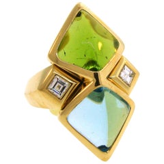 Marina B Aquamarine Peridot Diamond Yellow Gold Ring, 1980s