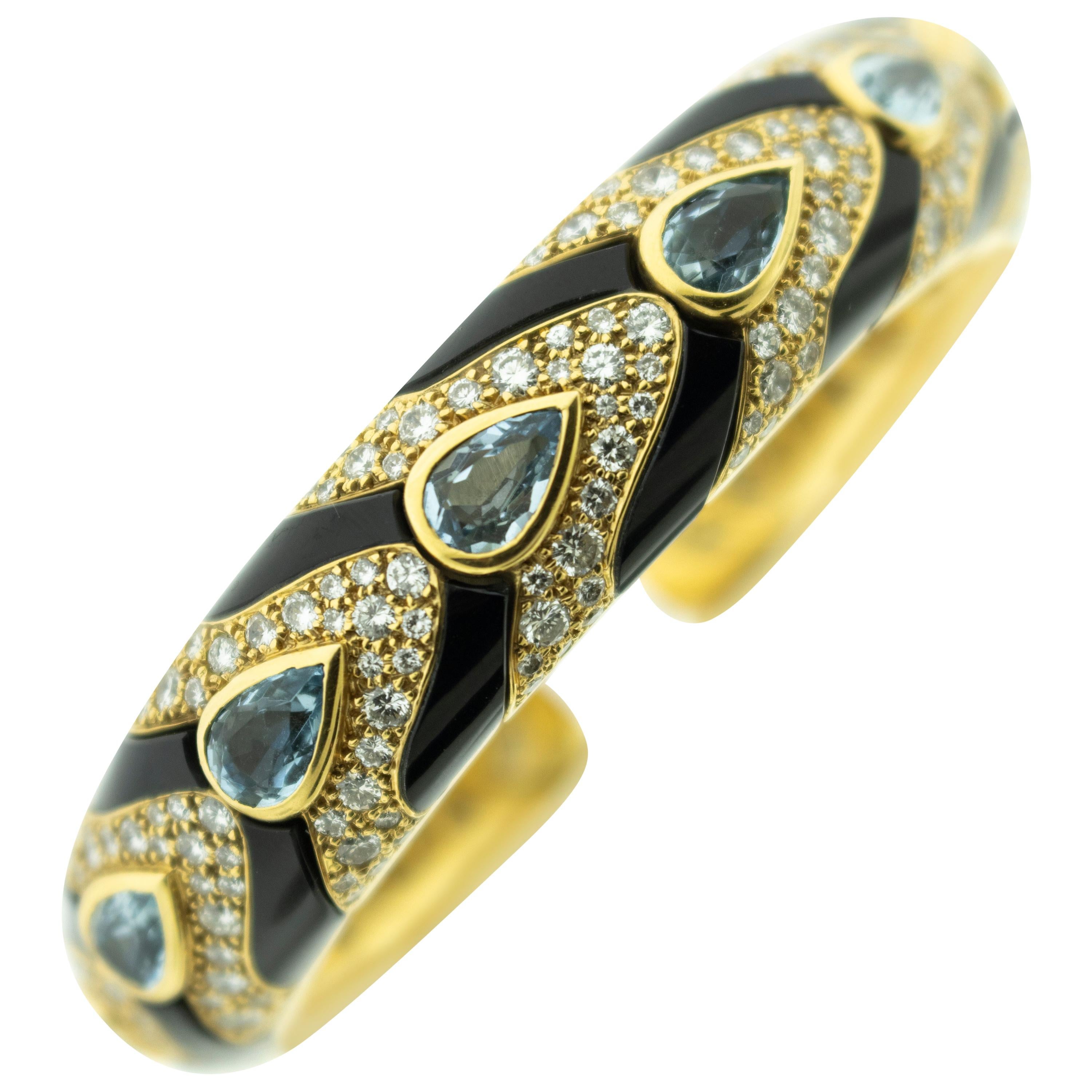 Marina B Black Enamel Aquamarine Diamond 18 Karat Gold Cuff Bracelet
