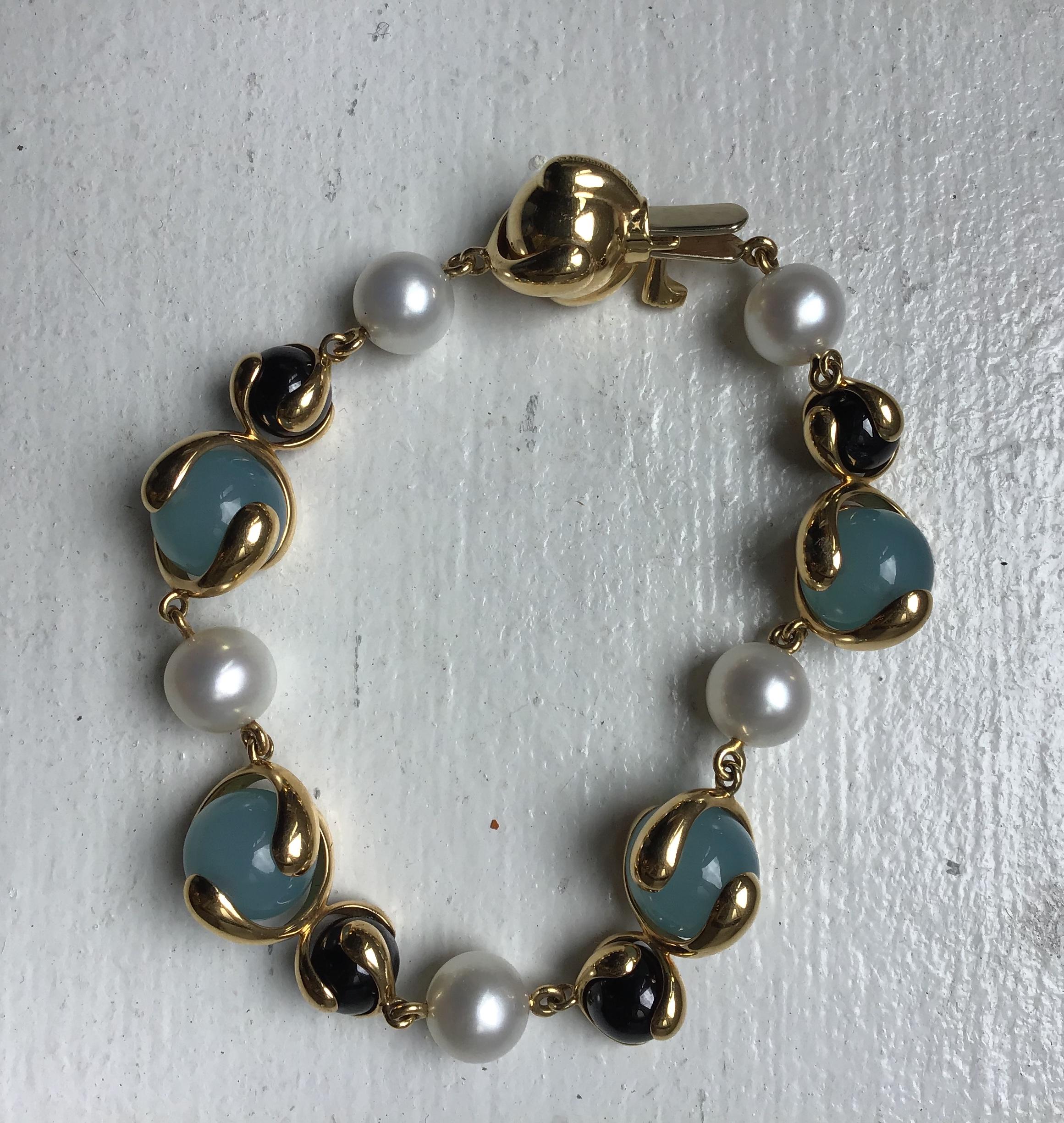 Marina B Blue Chalcedony, Black Jade, Diamond and Pearl Cardan Bracelet In New Condition For Sale In New York, NY