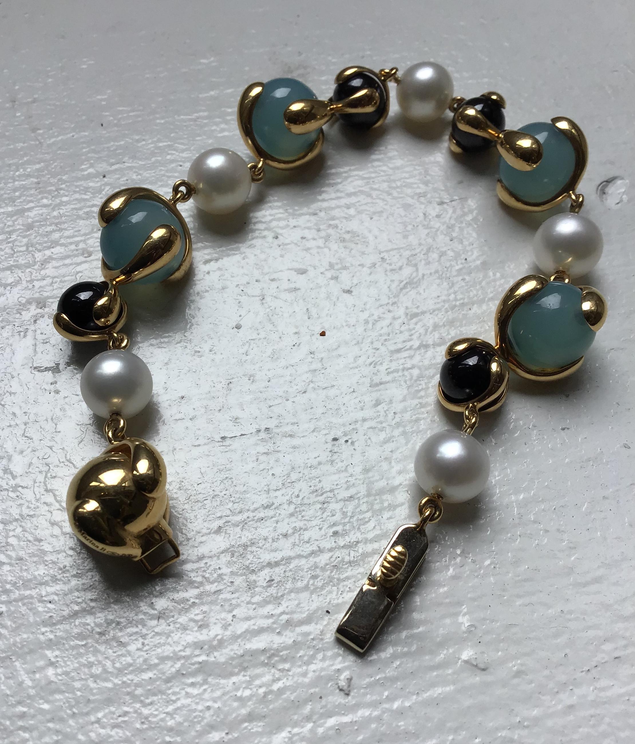 Women's or Men's Marina B Blue Chalcedony, Black Jade, Diamond and Pearl Cardan Bracelet For Sale