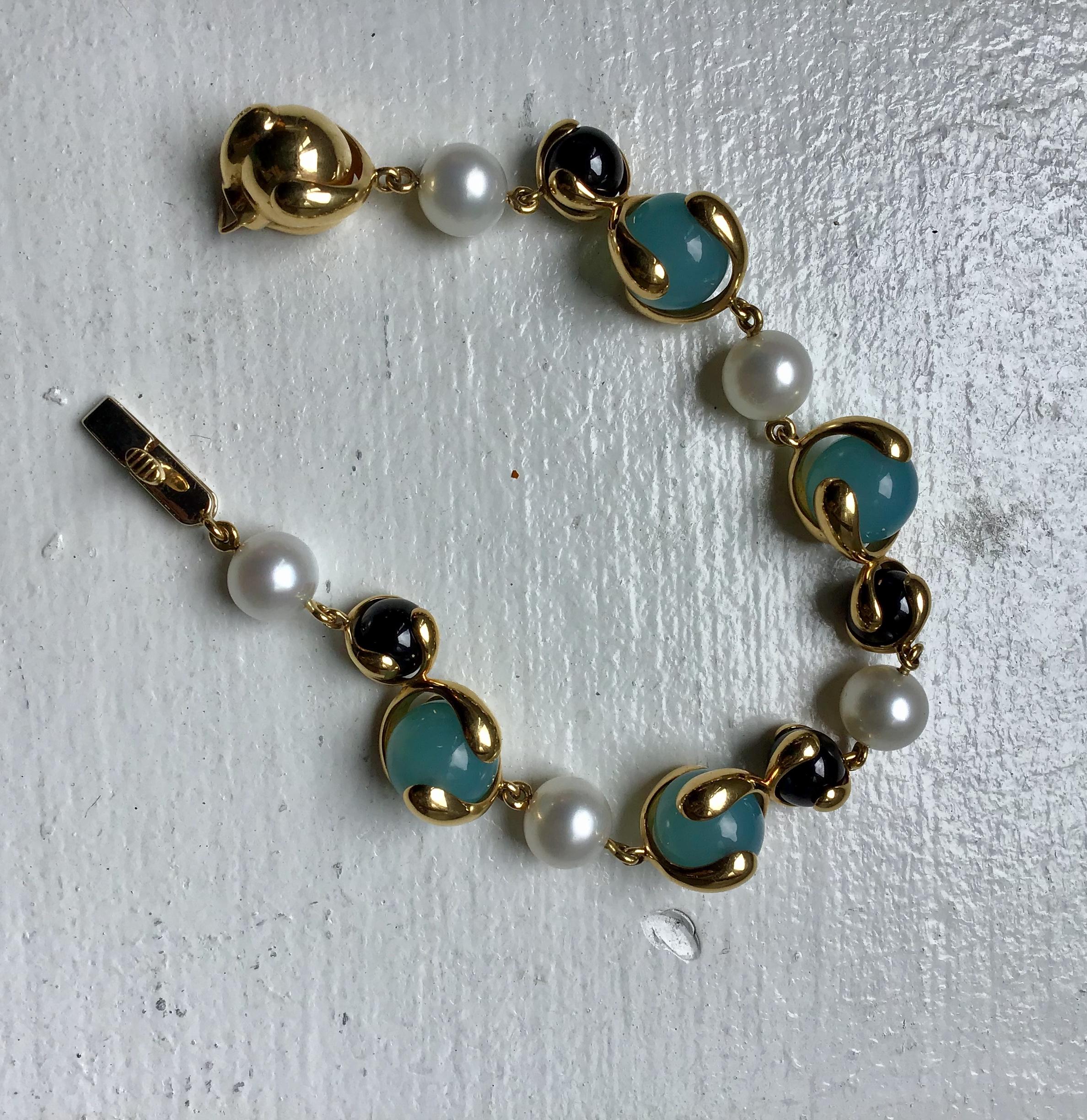 Marina B Blue Chalcedony, Black Jade, Diamond and Pearl Cardan Bracelet For Sale 1