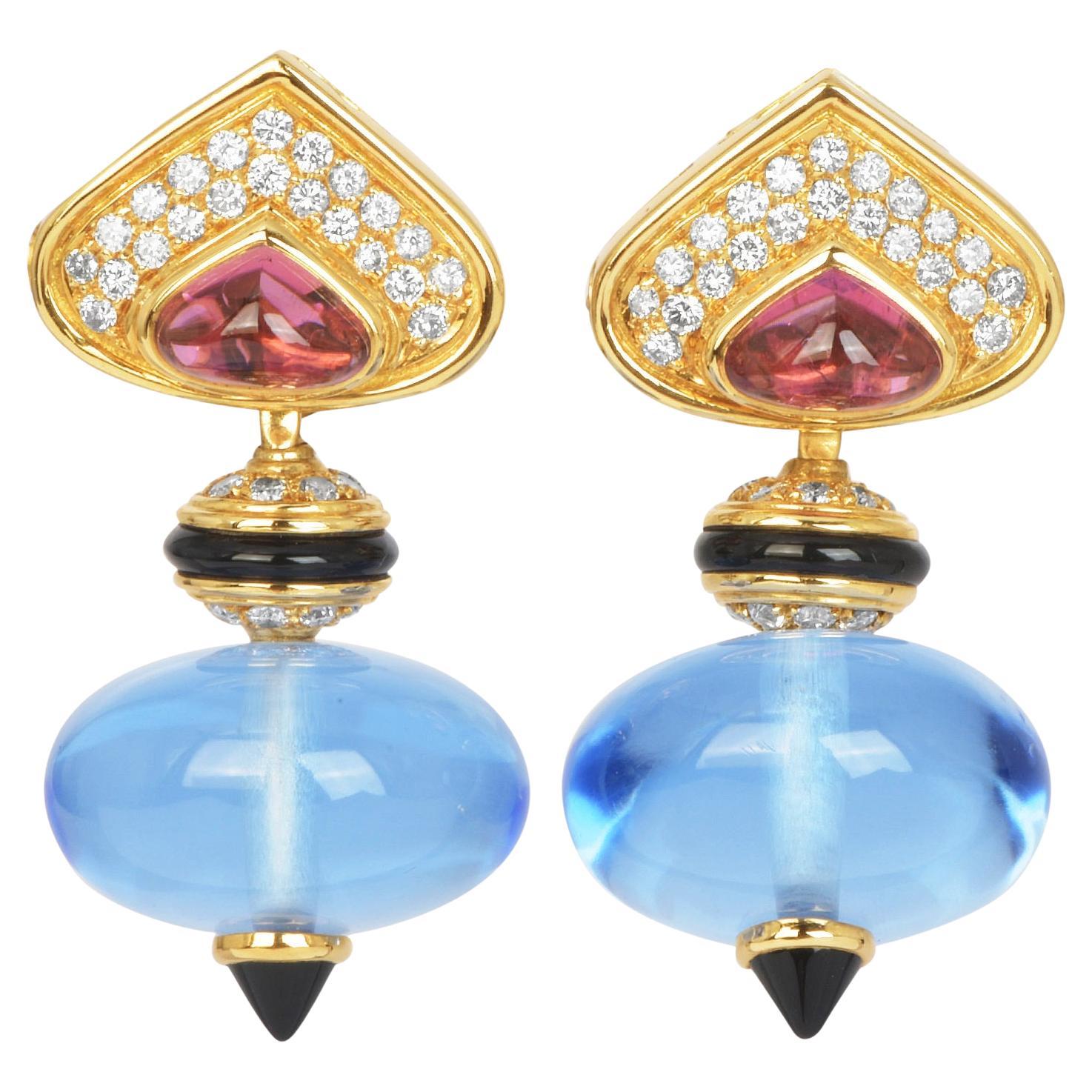 Pendientes colgantes Marina B Turmalinas azules "pneu" Diamante Oro 18k