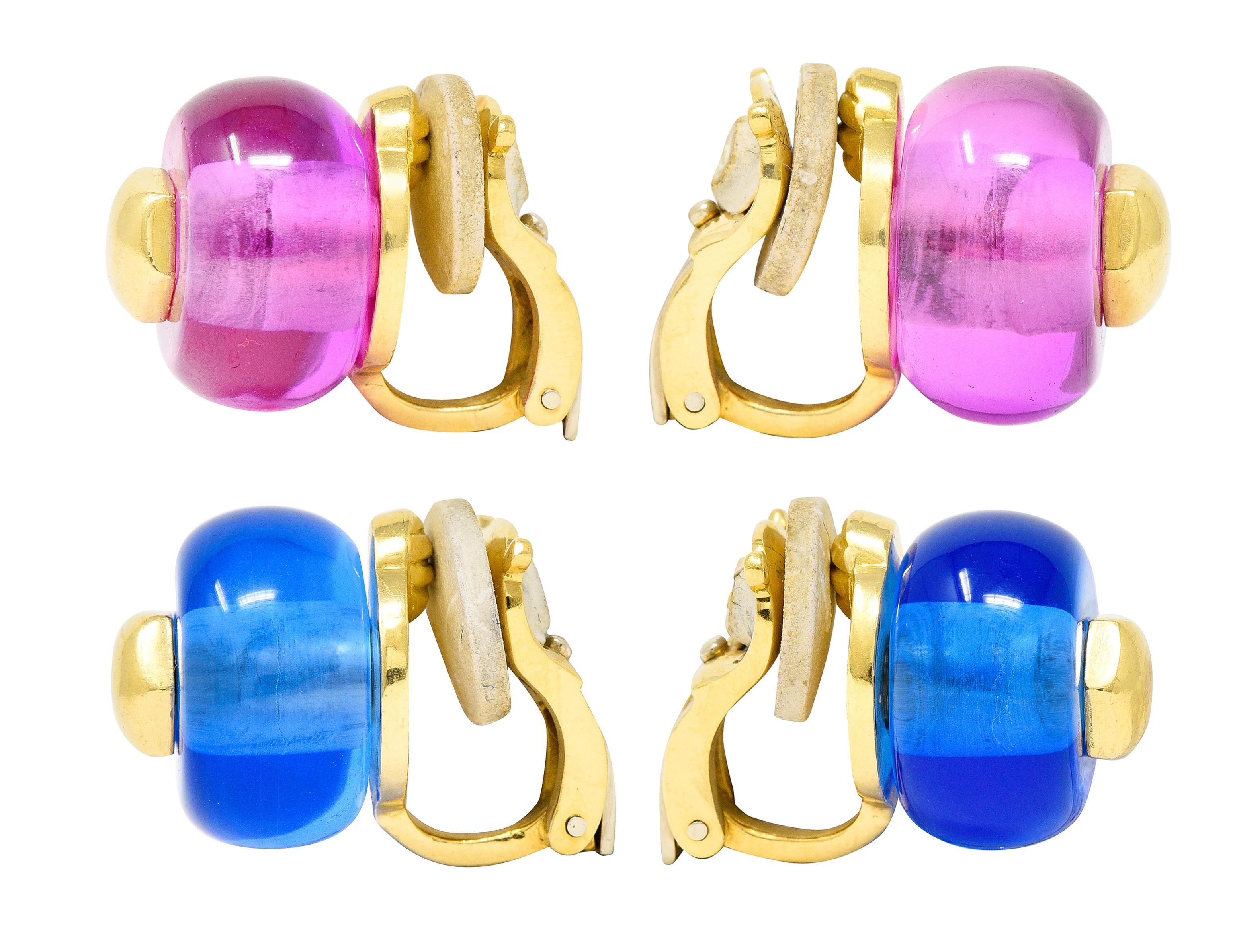 Ear-clip earrings features a protruding stem terminating as a functional hexagonal screw

Threaded screw removes to secure 14.5 mm round gemstone rondelle beads

Two sets of eye clean gemstone beads - medium light blue quartz and medium light pink