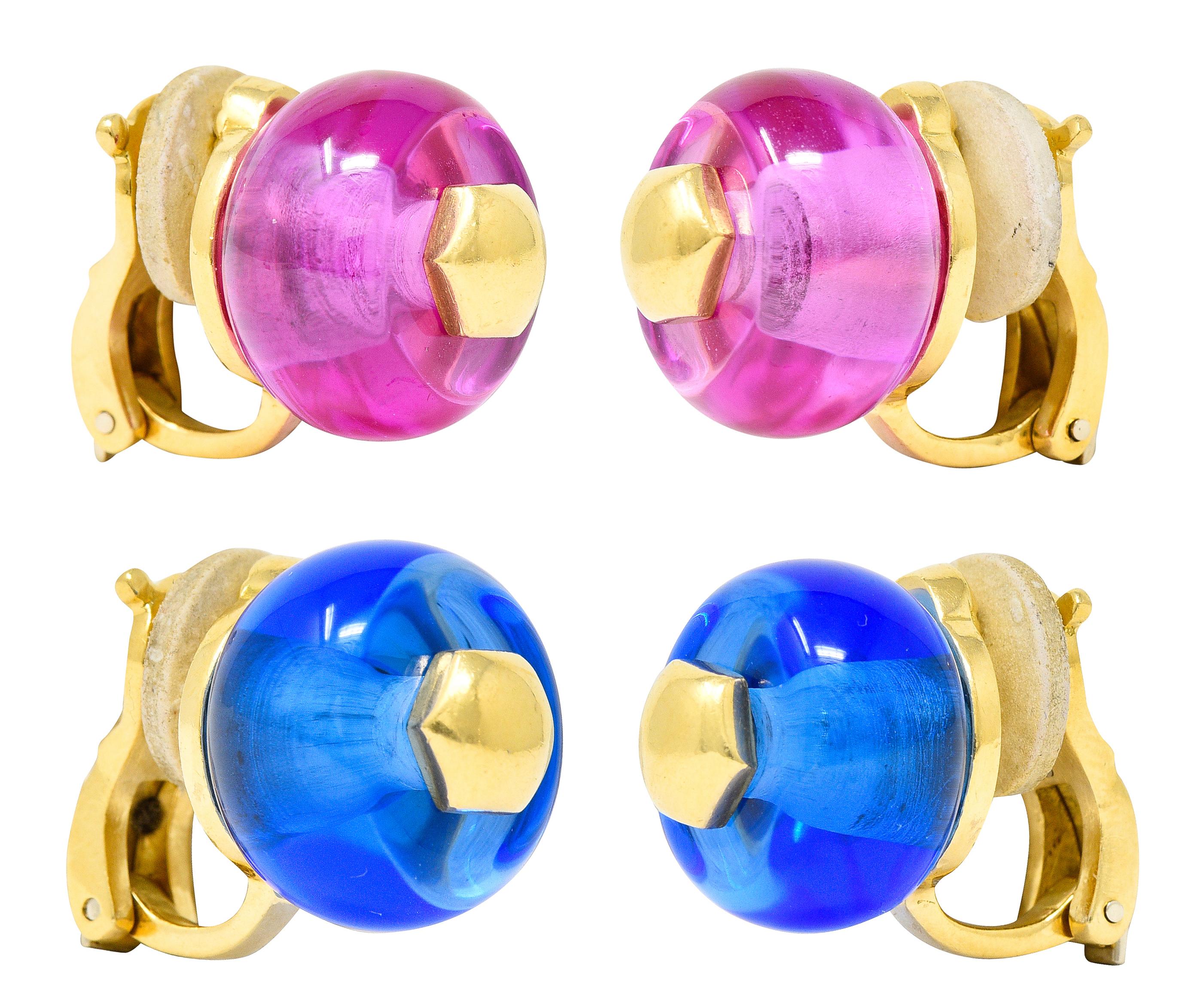 Marina B. Blue Quartz Pink Tourmaline 18 Karat Yellow Gold Convertible Earrings 2