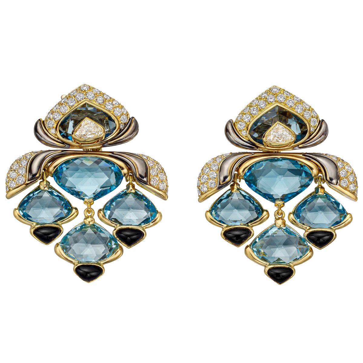 Marina B Blue Topaz, Diamond ans Black Onyx Drop Earrings