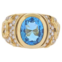Vintage Marina B Blue Topaz Diamond Gold Ring