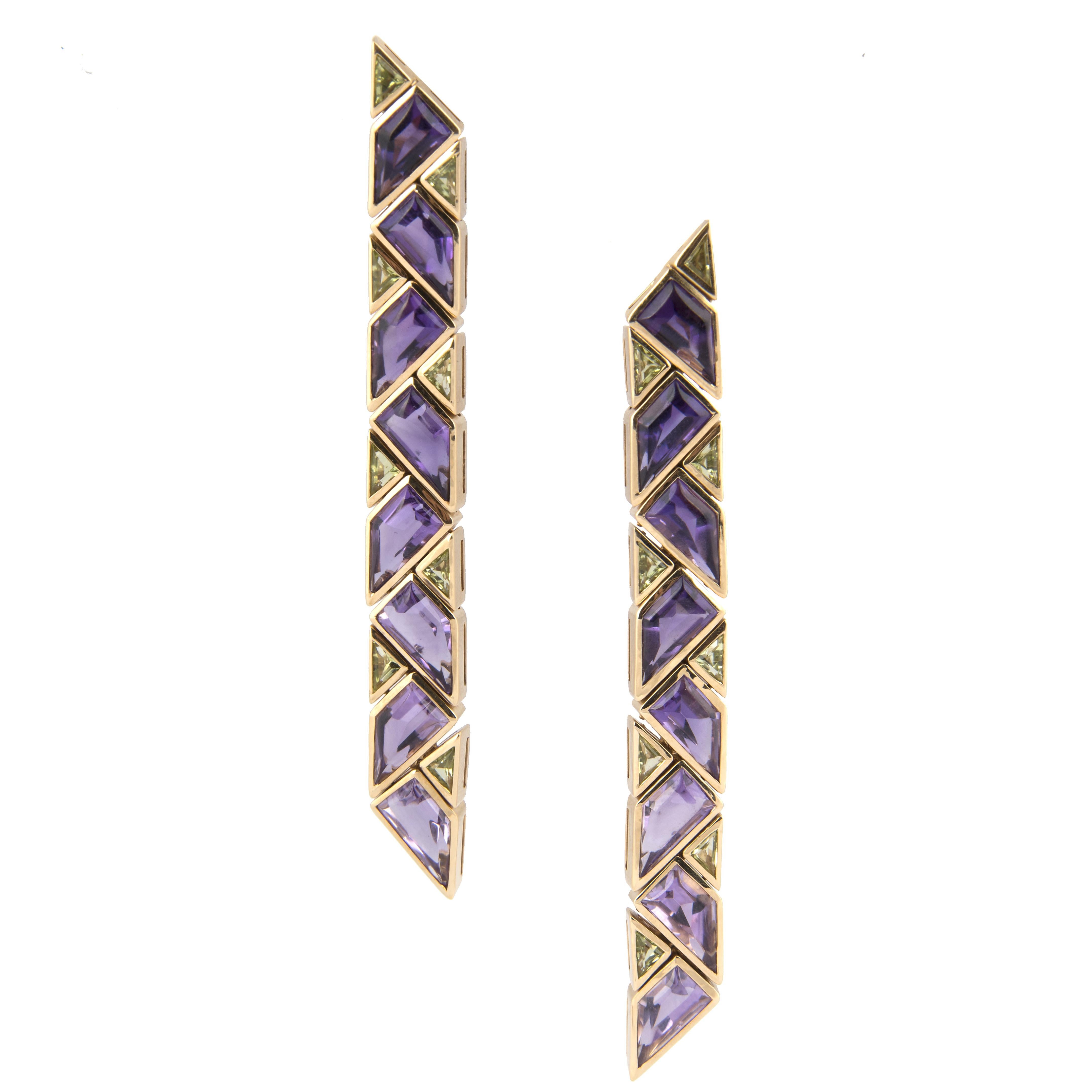 Marina B 'Bulgari' 18k Gold Amethist and Peridot Dangle Earrings Pyramide For Sale