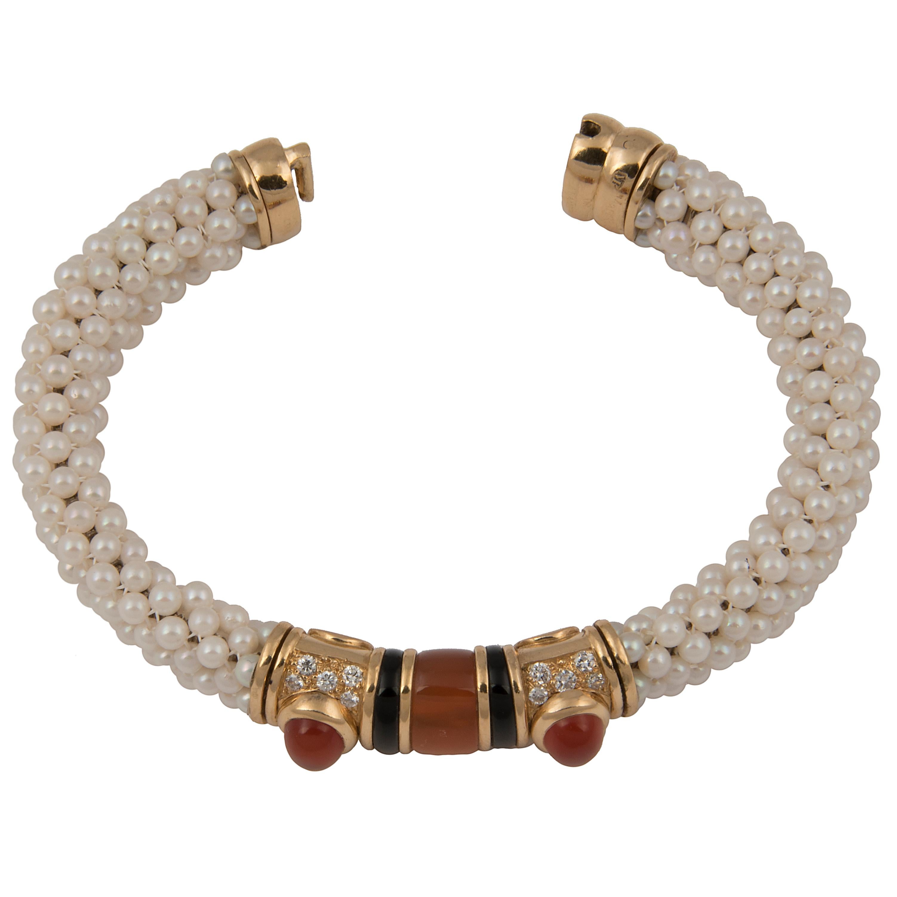 Women's or Men's Marina B 'Bulgari' 18k Gold Cultured pearl Diamond and Cornaline Bangle Bracelet For Sale