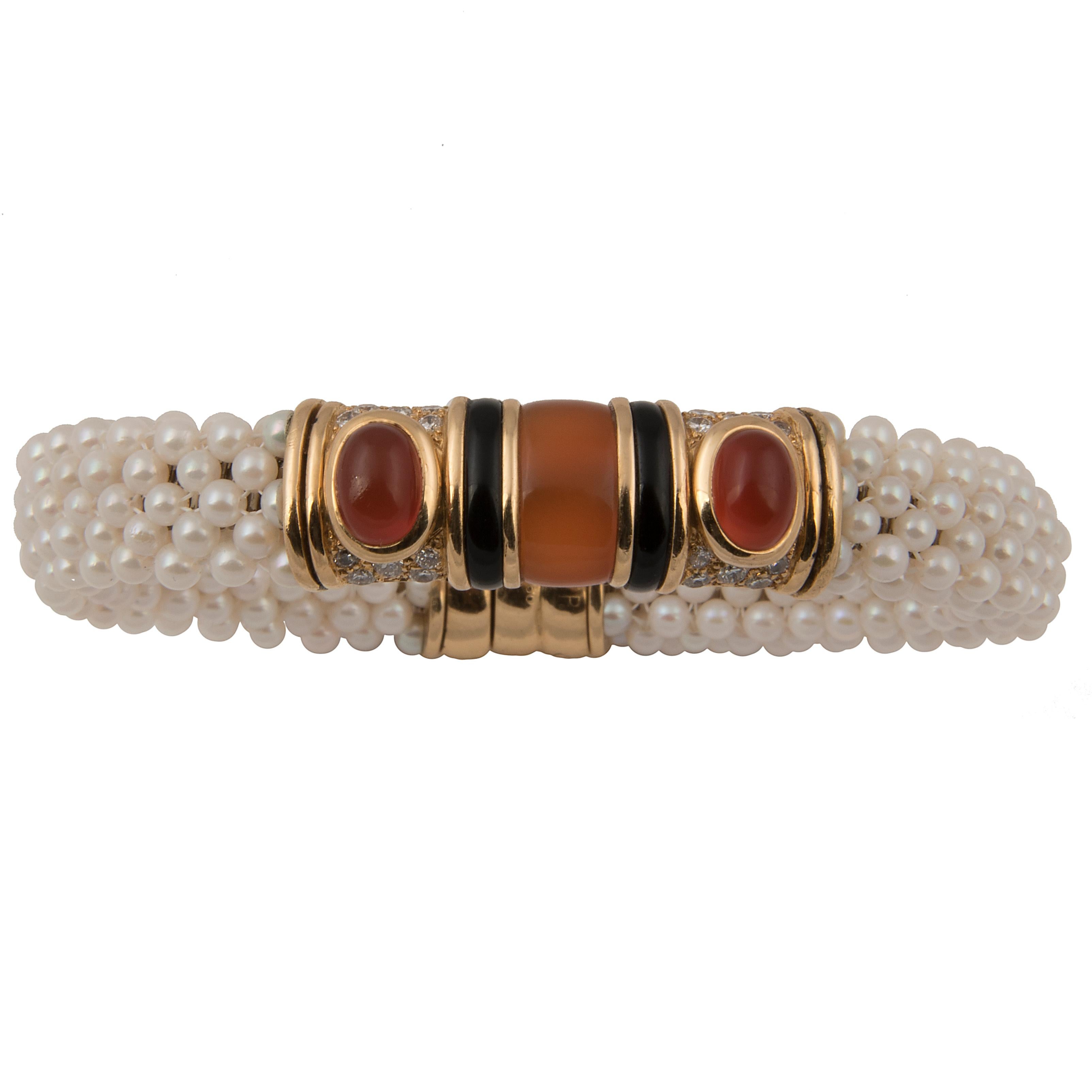 Marina B 'Bulgari' 18k Gold Cultured pearl Diamond and Cornaline Bangle Bracelet For Sale 1