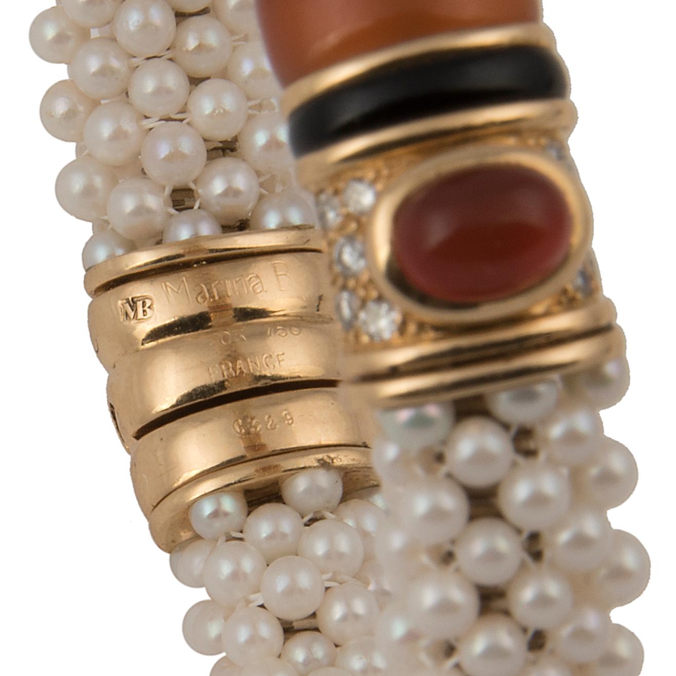 Marina B 'Bulgari' 18k Gold Cultured pearl Diamond and Cornaline Bangle Bracelet For Sale 2