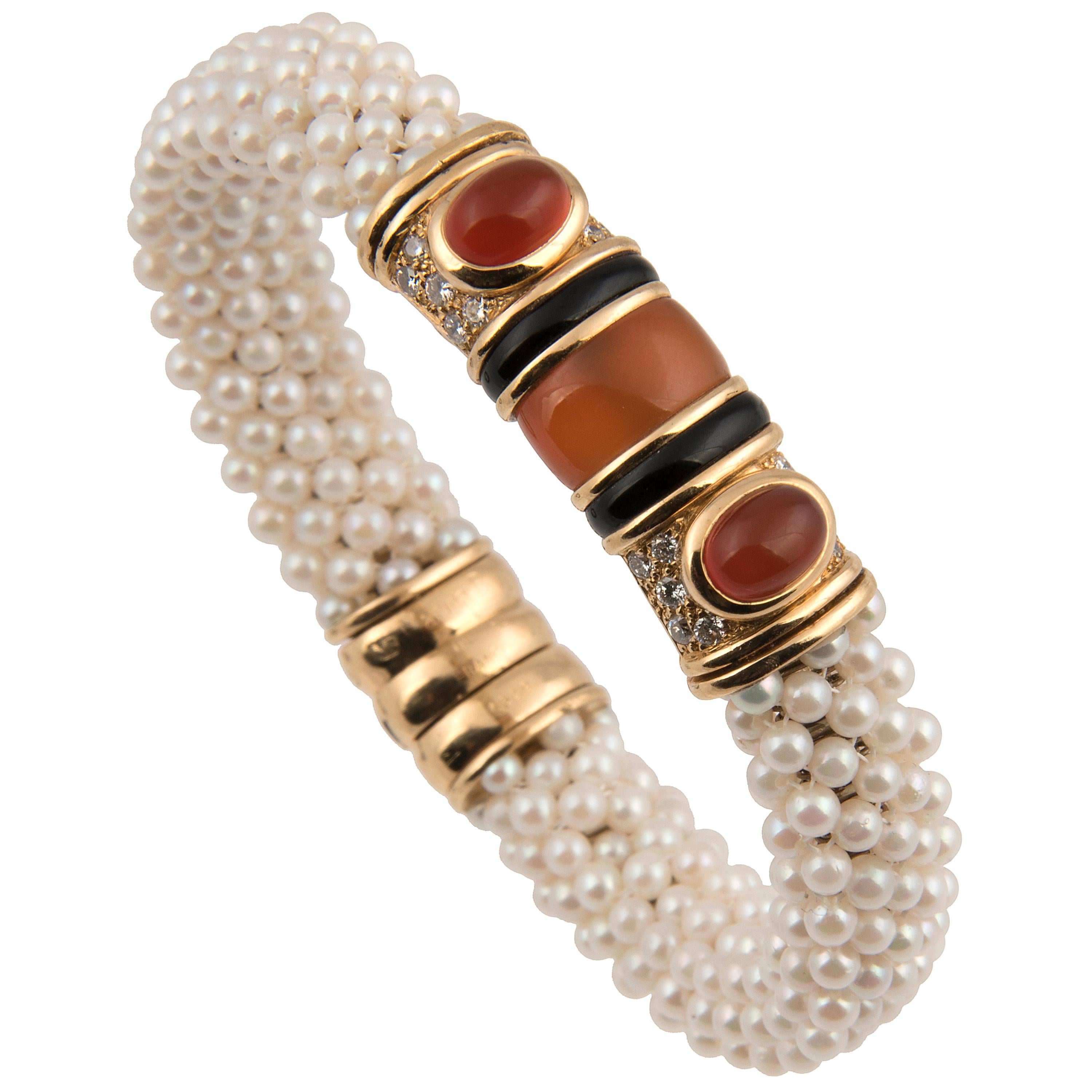 Marina B 'Bulgari' 18k Gold Cultured pearl Diamond and Cornaline Bangle Bracelet For Sale