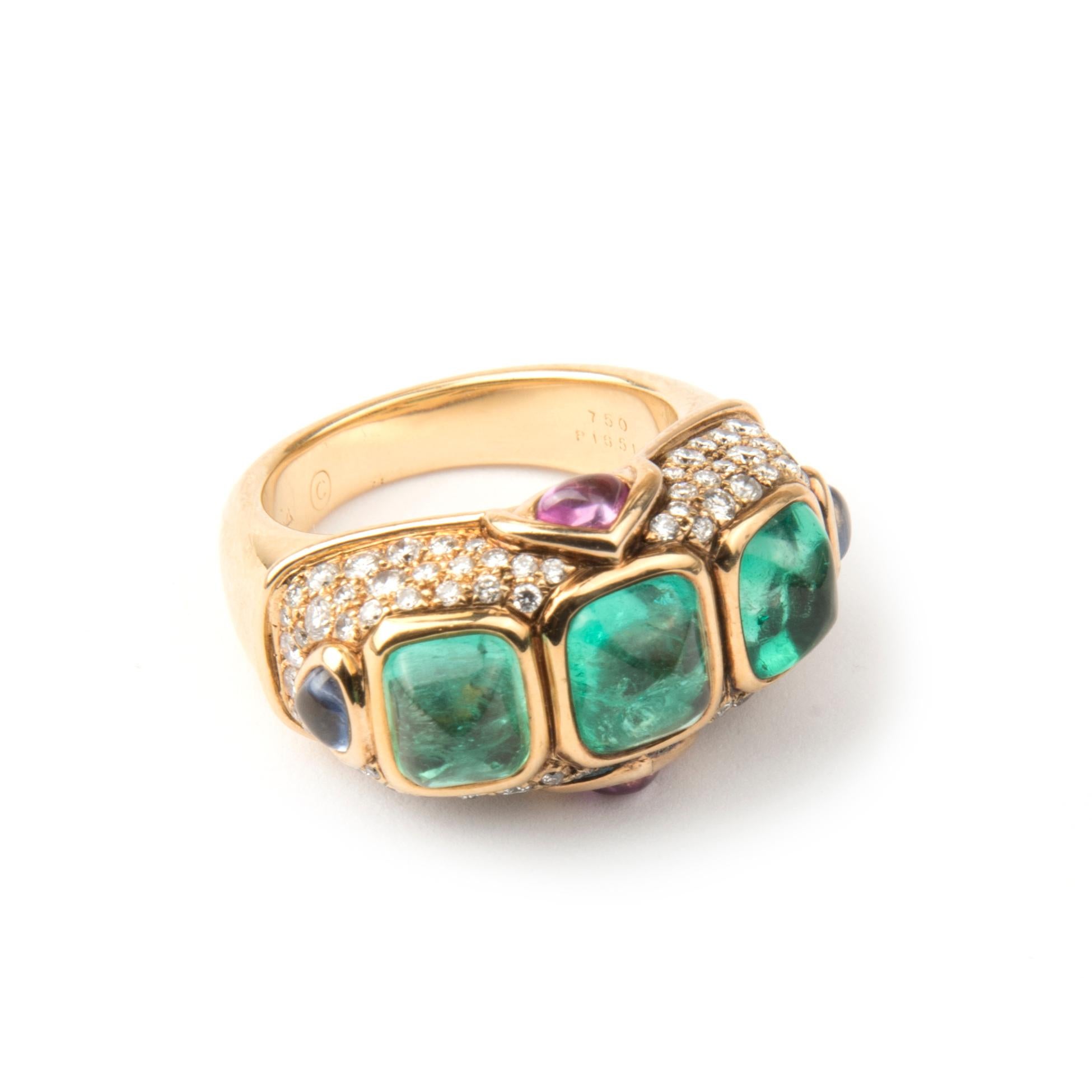 Women's Marina B 'Bulgari' 18 Karat Yellow Gold and Diamond and Emerald Ring, Unique For Sale