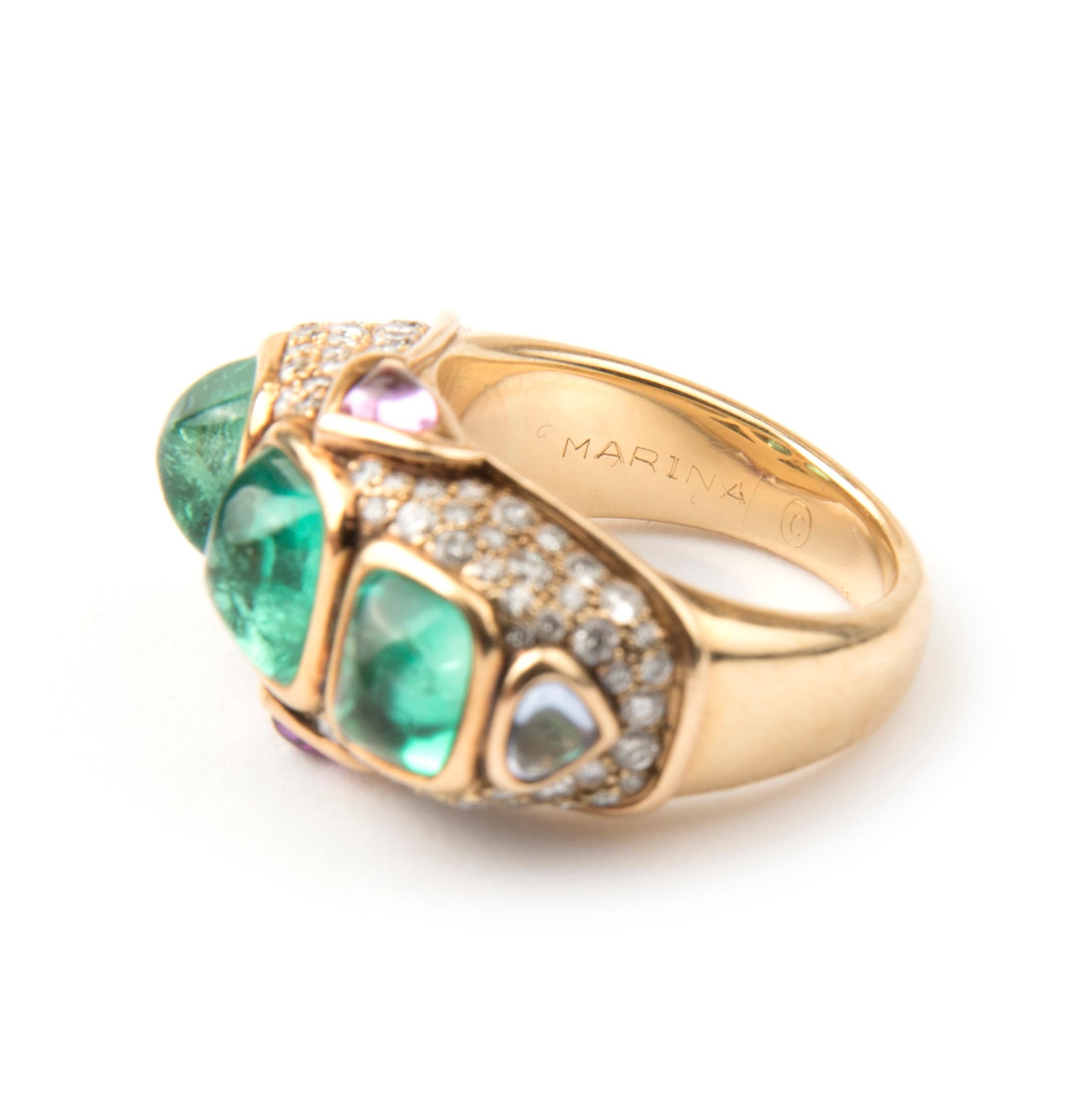 Marina B 'Bulgari' 18 Karat Yellow Gold and Diamond and Emerald Ring, Unique For Sale 1