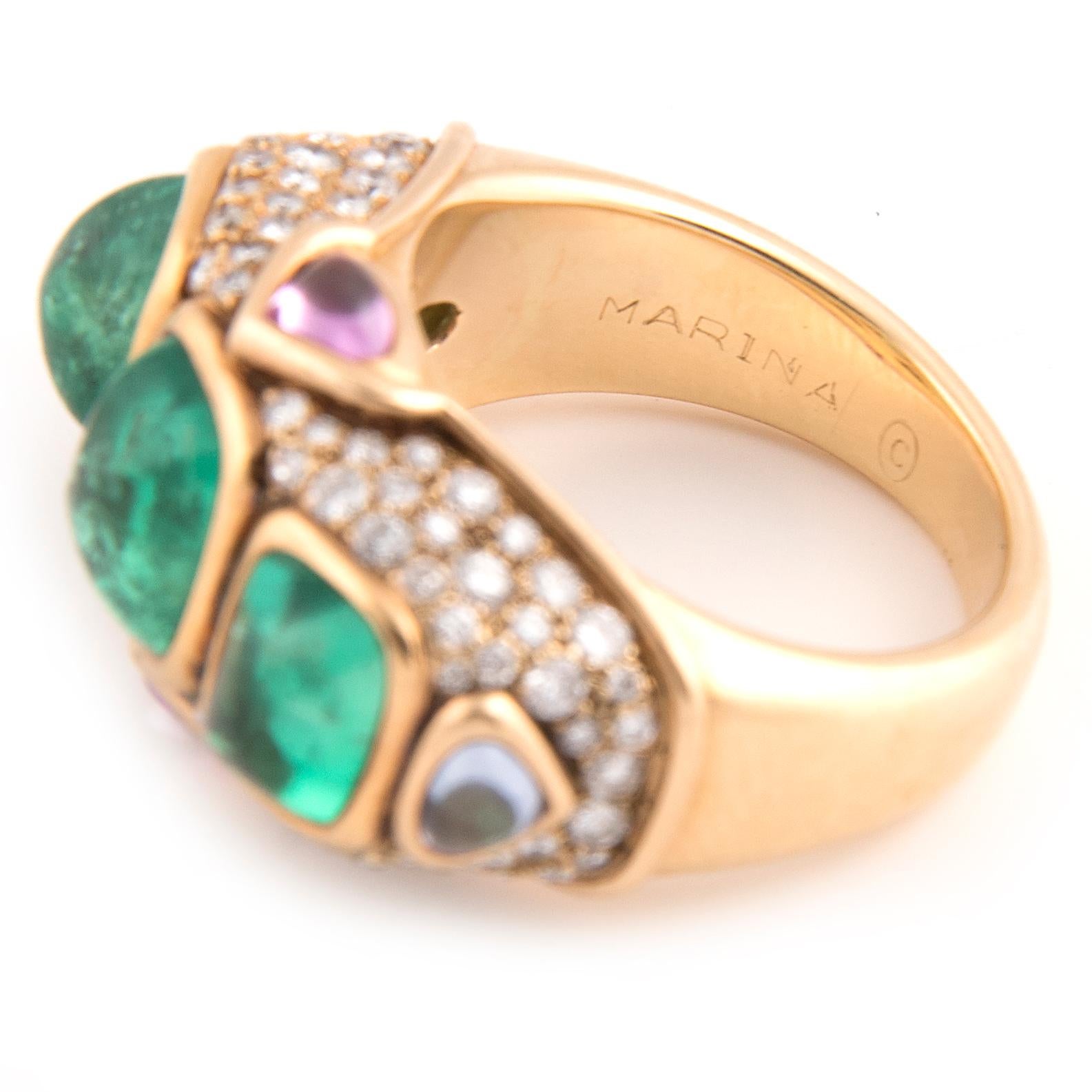 Marina B 'Bulgari' 18 Karat Yellow Gold and Diamond and Emerald Ring, Unique For Sale 2