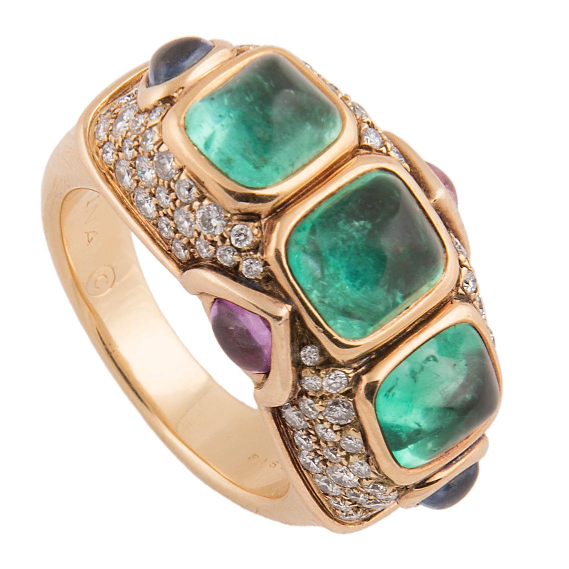Marina B 'Bulgari' 18 Karat Yellow Gold and Diamond and Emerald Ring, Unique For Sale