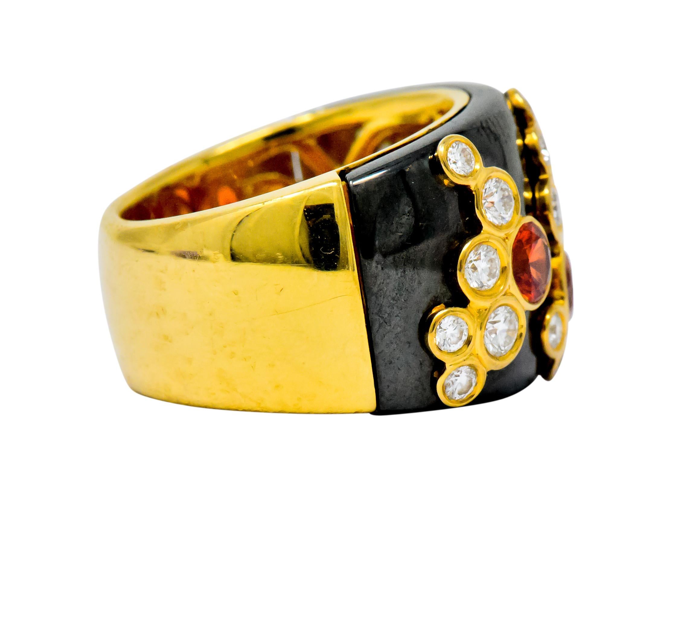 Round Cut Marina B 'Bulgari' Orange Sapphire Diamond Onyx 18 Karat Gold Fujiyama Ring