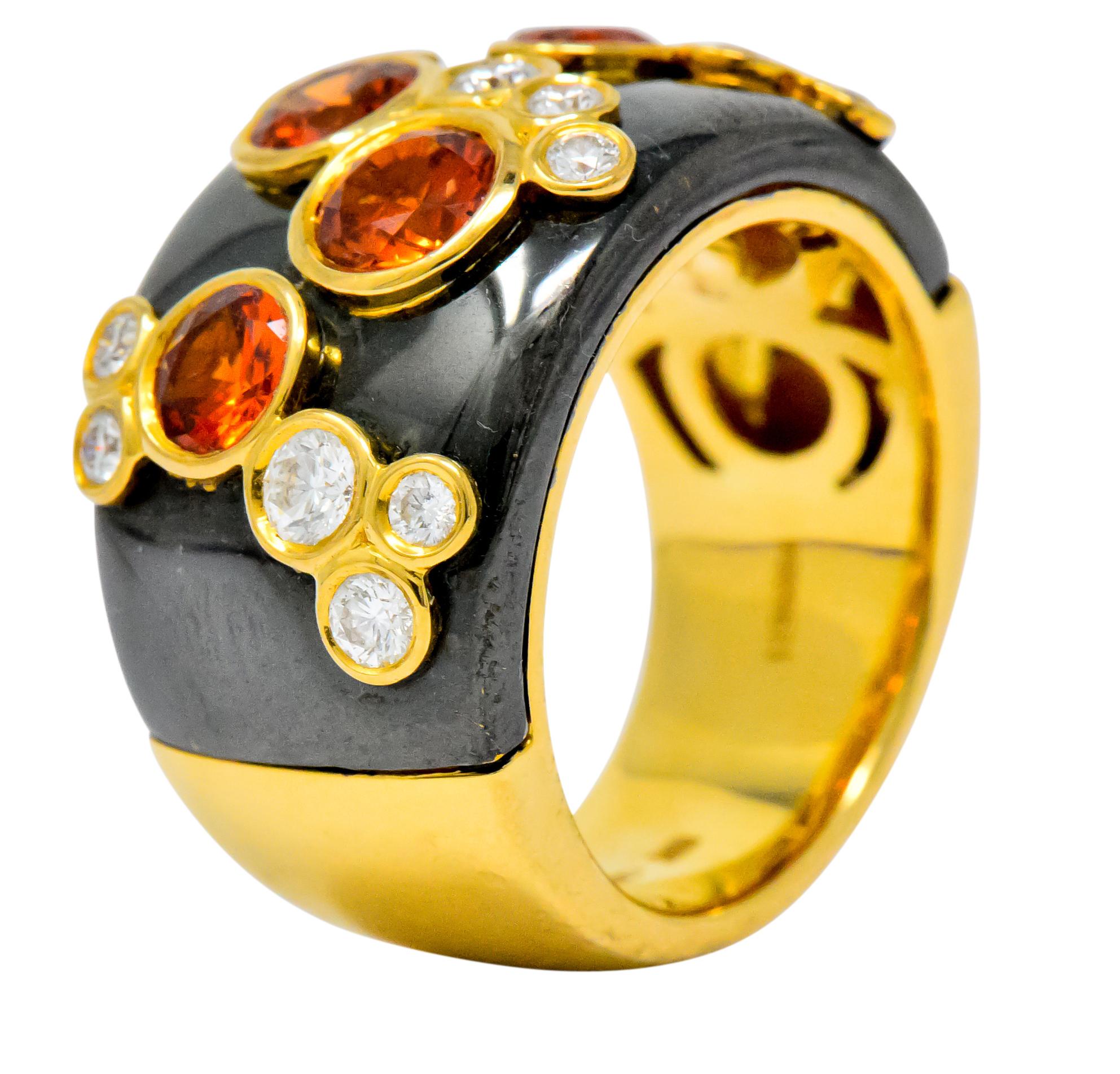 Women's or Men's Marina B 'Bulgari' Orange Sapphire Diamond Onyx 18 Karat Gold Fujiyama Ring