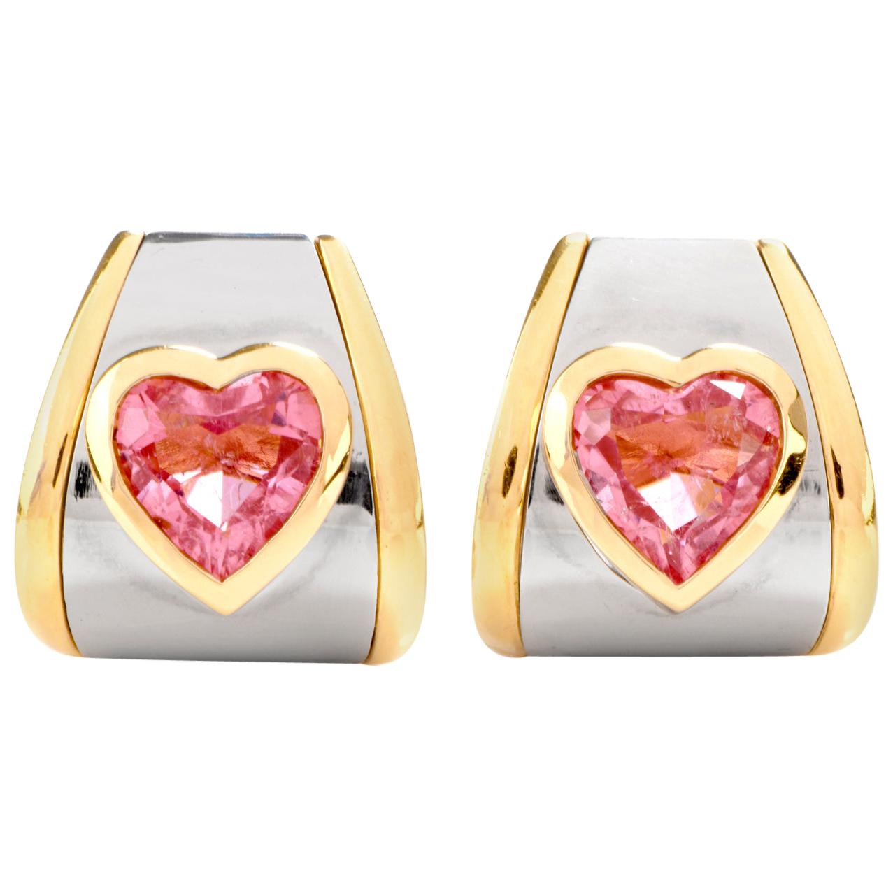 Marina B. Bulgari Pink Tourmaline Heart 18 Karat Gold Clip-On Earrings