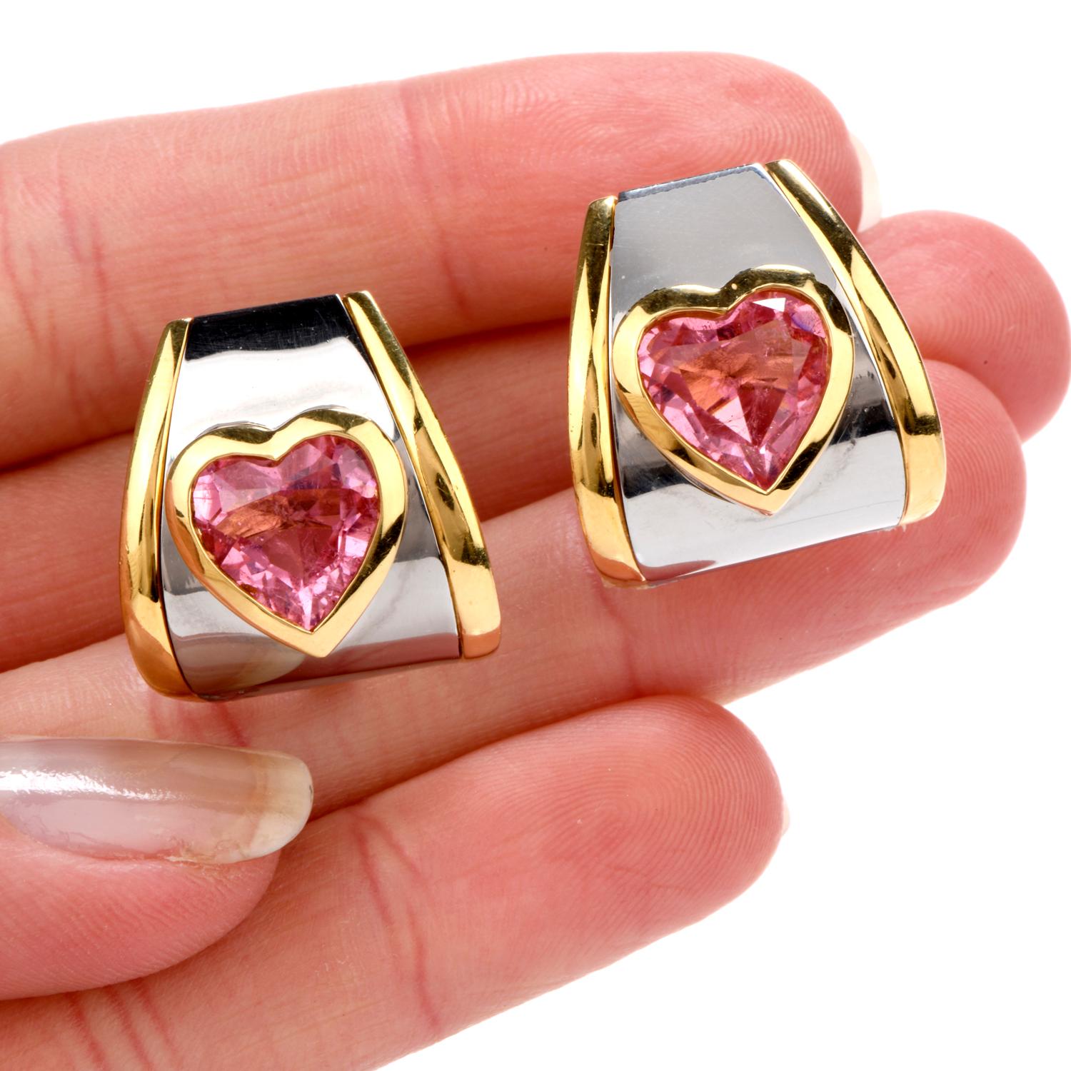 Marina B. Bulgari Boucles d'oreilles clip en or 18 carats avec cœur en tourmaline rose en vente 1