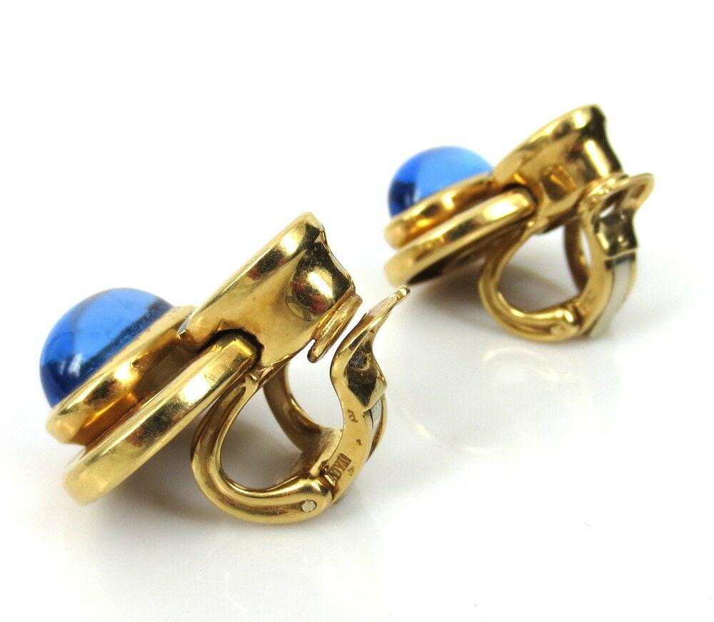 Marina B Cabochon Blue Quartz Yellow Gold Earclips In Excellent Condition In New York, NY