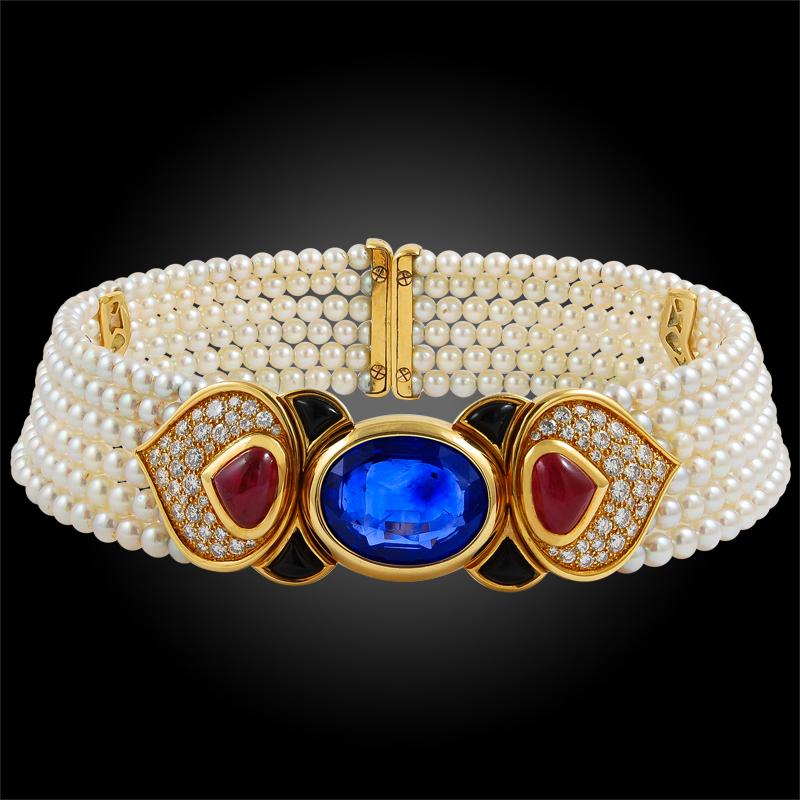 Marina B. Diamant Cabochon Rubin Saphir Perle Choker Halskette und Ohrringe Set im Zustand „Gut“ im Angebot in New York, NY