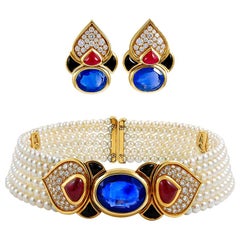 Marina B. Diamond Cabochon Ruby Sapphire Pearl Choker Necklace and Earrings Set