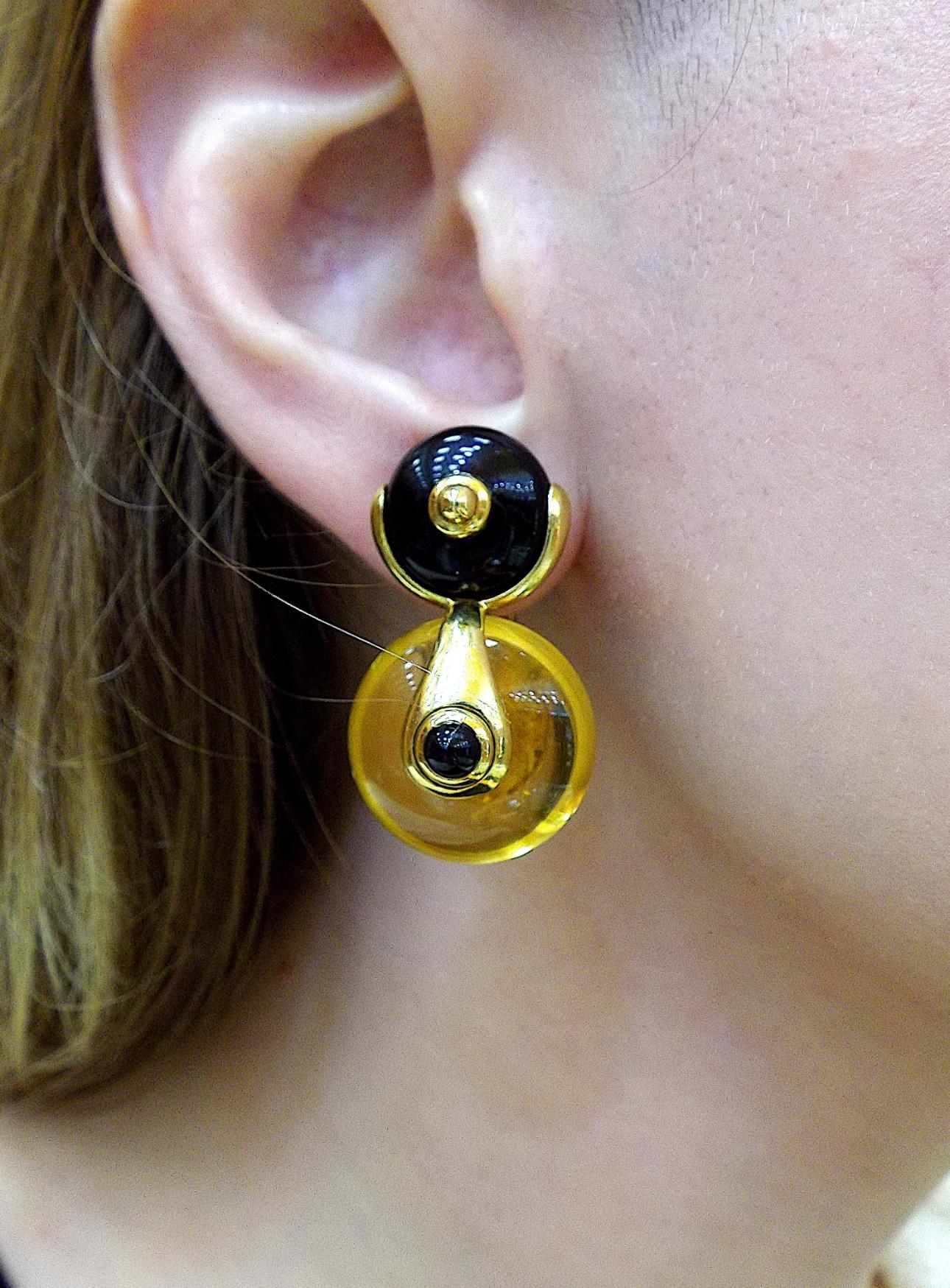Cabochon Marina B Cardan Gold Drop Earrings Russian Quartz & Onyx