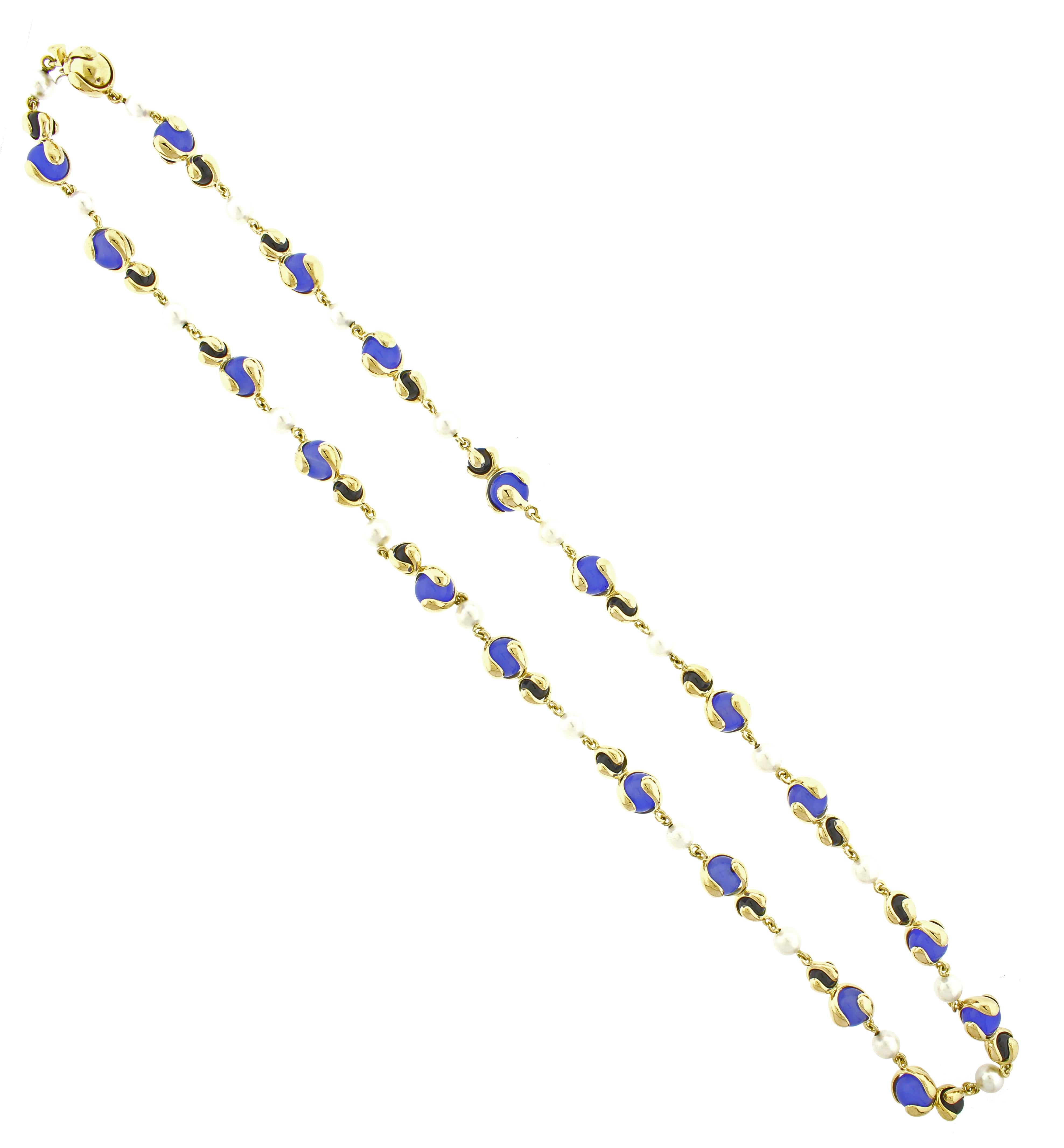 Round Cut Marina B Cardan Necklace, 32 inches, Chalcedony Pearl and Onyx