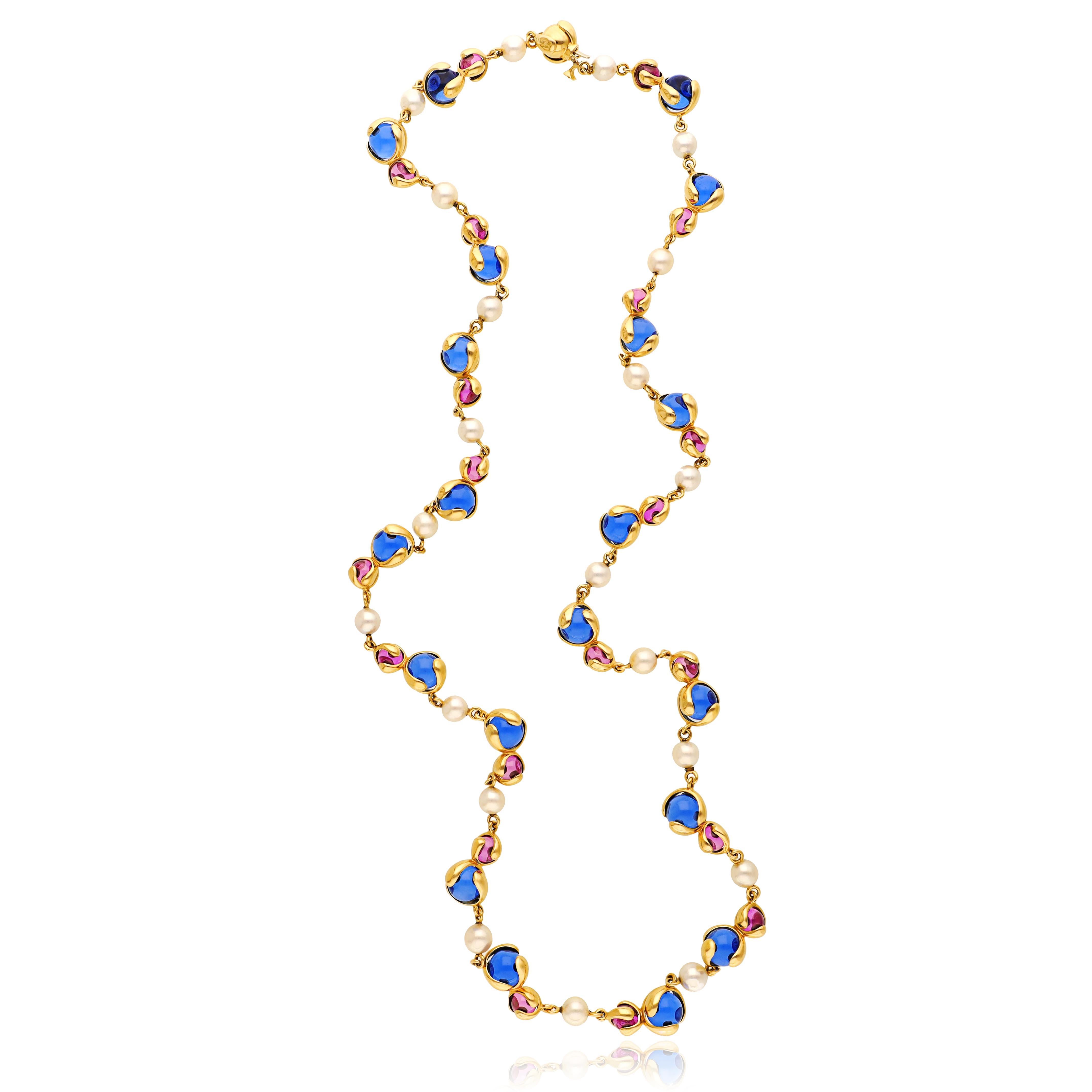 Marina B. Collier 'Cardan Perle' - Perle, rose et tourmaline bleue
