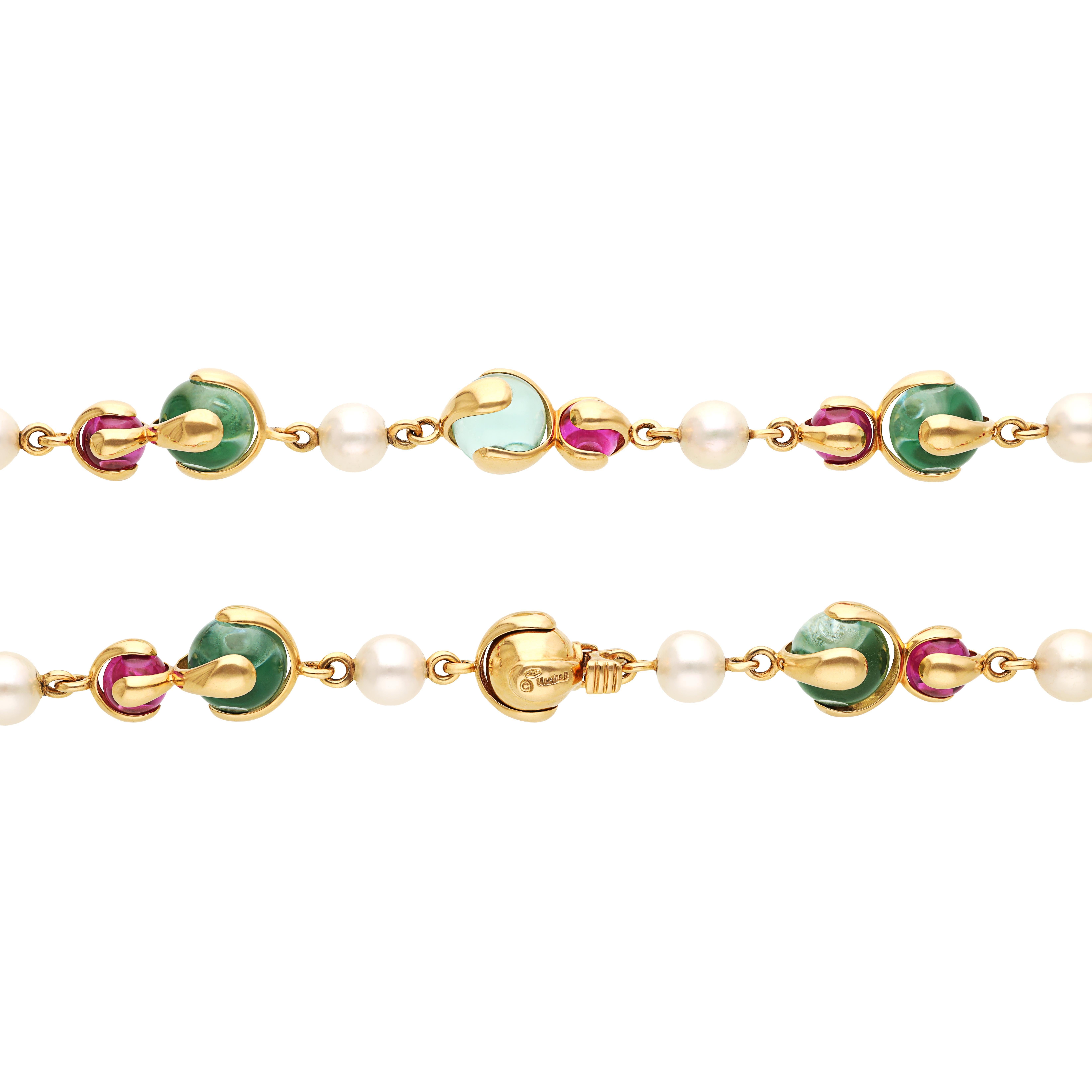 MARINA B. 'Cardan Perle' Necklace - Pearl, Pink and Green Tourmaline In Excellent Condition For Sale In New York, NY