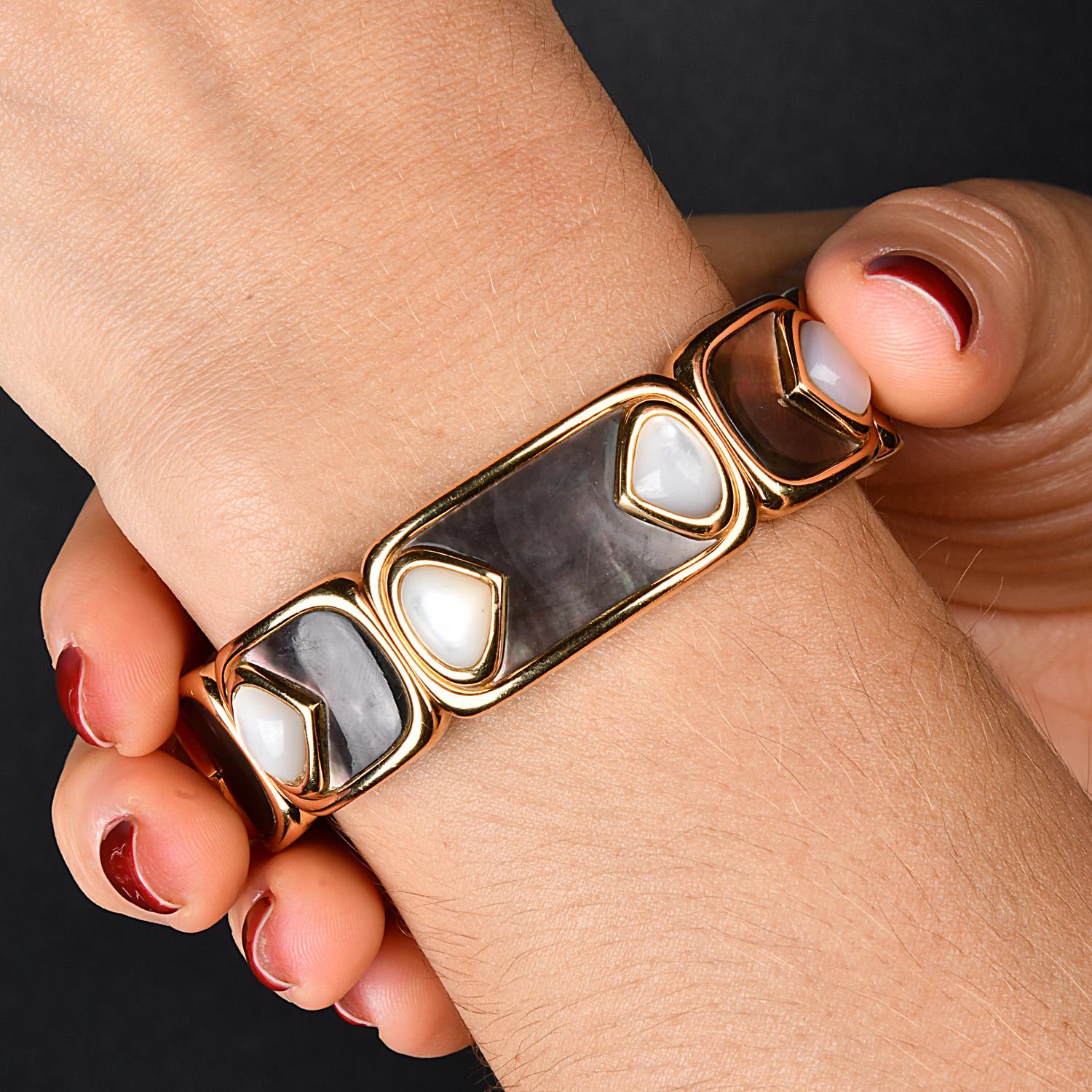 Mixed Cut Marina B Circa 1980 Mother of Pearl 18K Gold Cuff Bracelet Dover For Sale