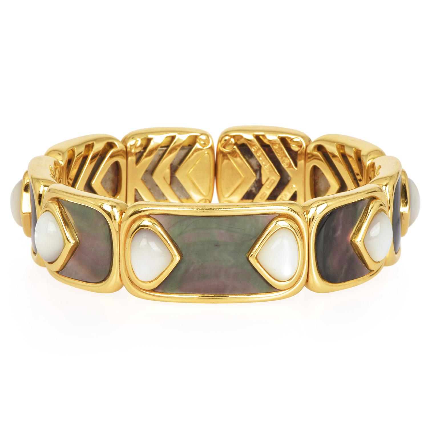 Women's or Men's Marina B Circa 1980 Mother of Pearl 18K Gold Cuff Bracelet Dover For Sale