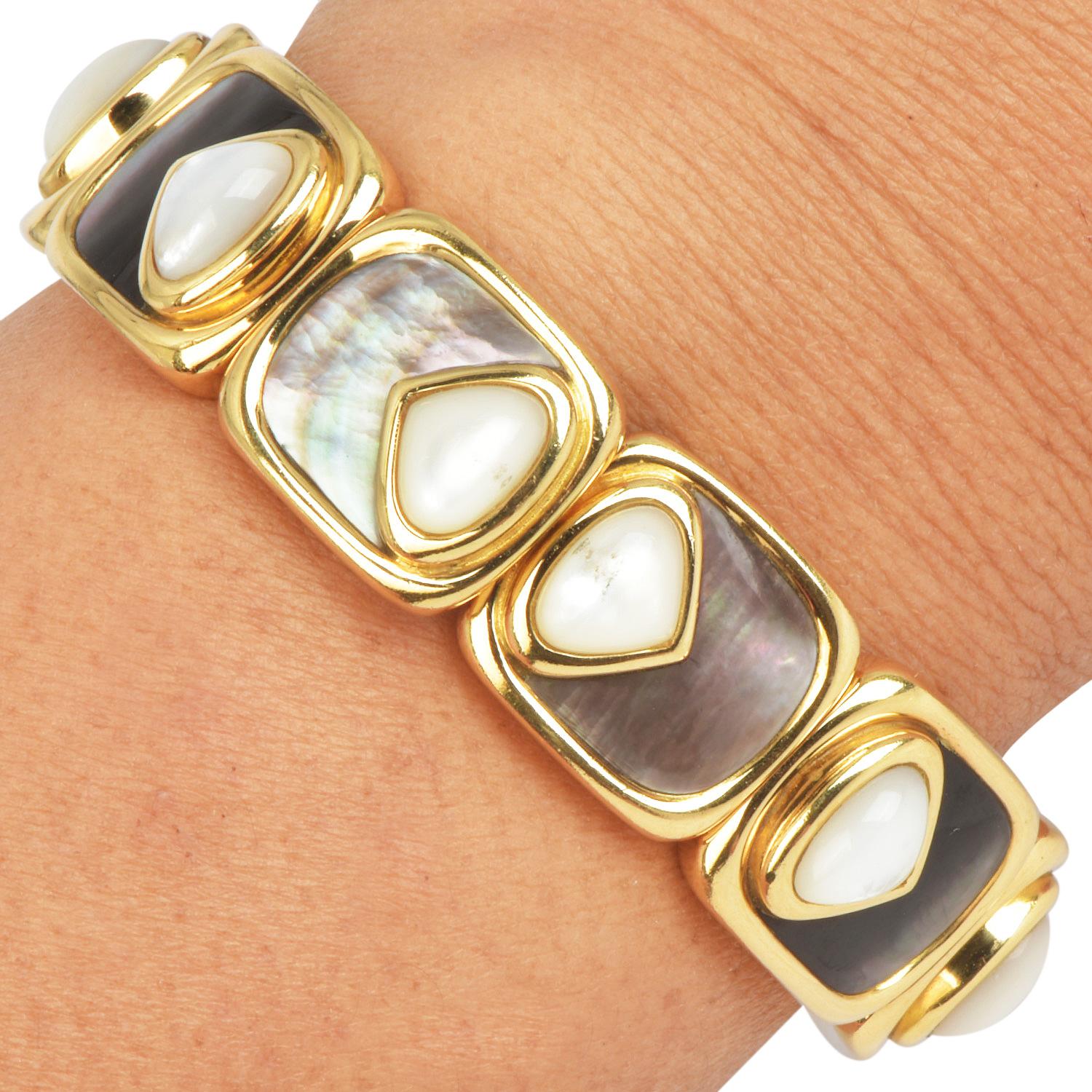 Marina B Circa 1980 Mother of Pearl 18K Gold Cuff Bracelet Dover For Sale 2