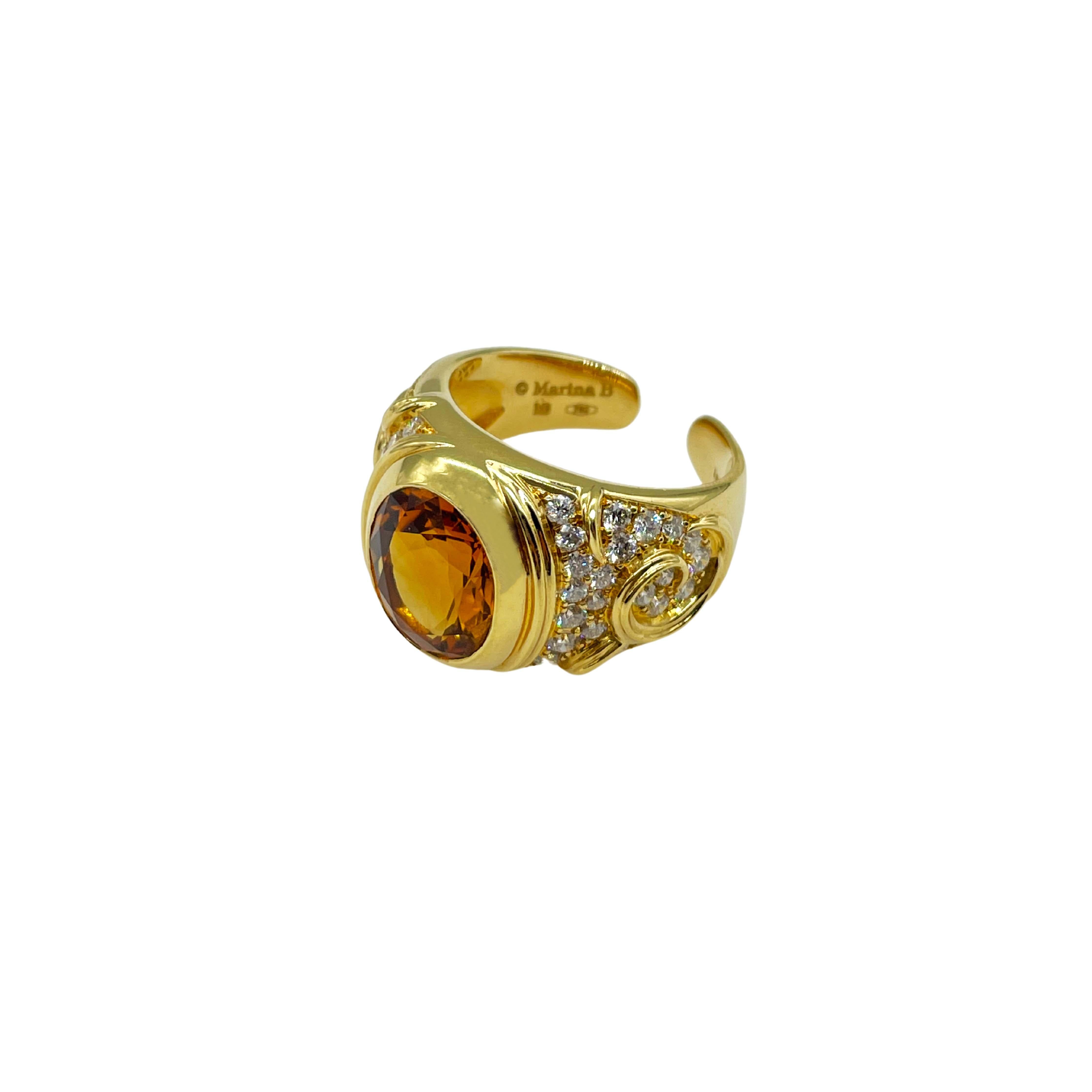A Marina B 18k Yellow Gold, Citrine, and Diamond Ring. Made in Italy, circa 2010.

