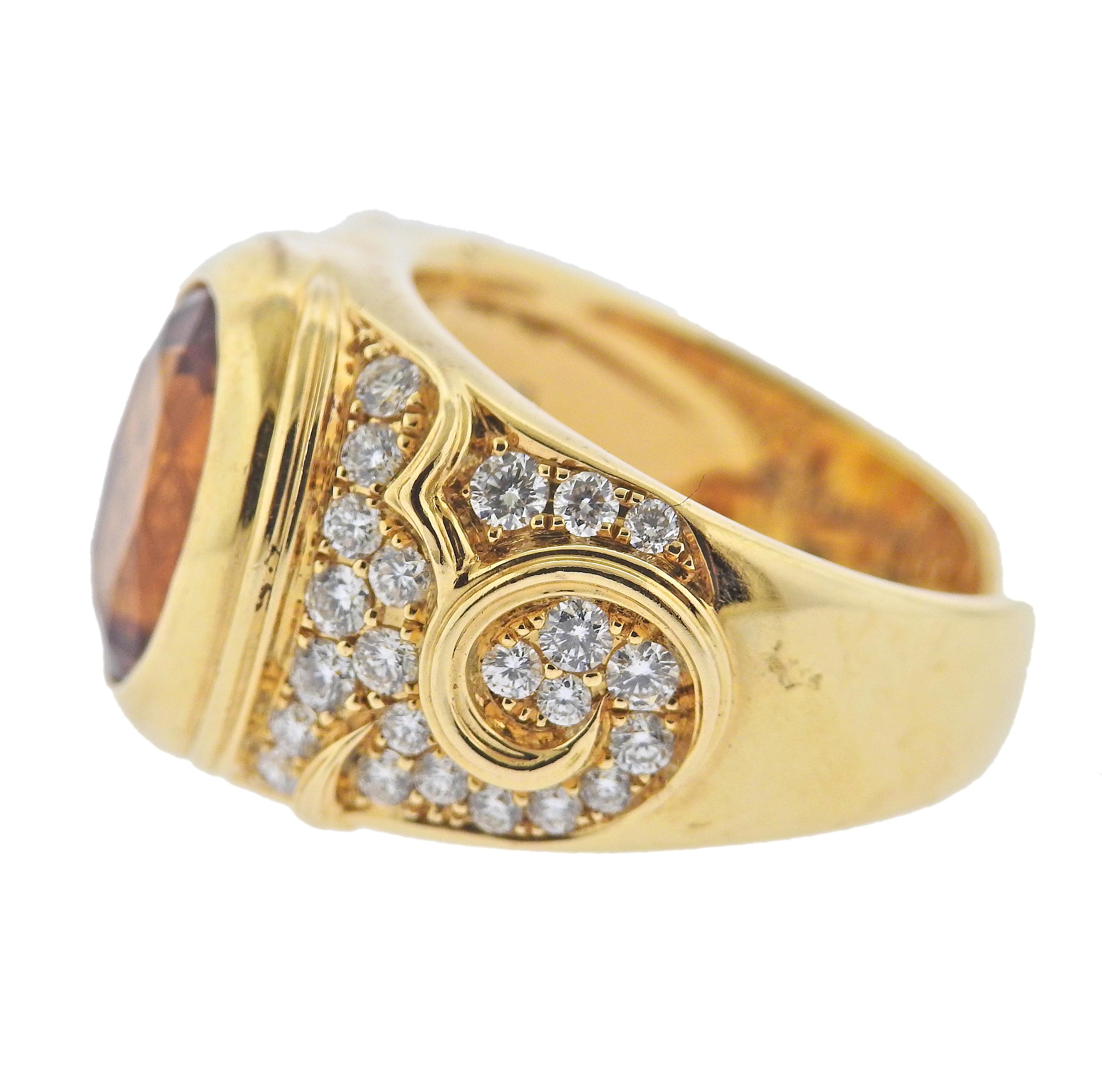 18k gold ring by Marina B, with center approx. 2.80ct citrine and 1.20ctw in G/VS diamonds. Ring size - 7, ring top is 15mm. Marked: marina B, MB, 750, 120001. Weight - 12.8 grams.