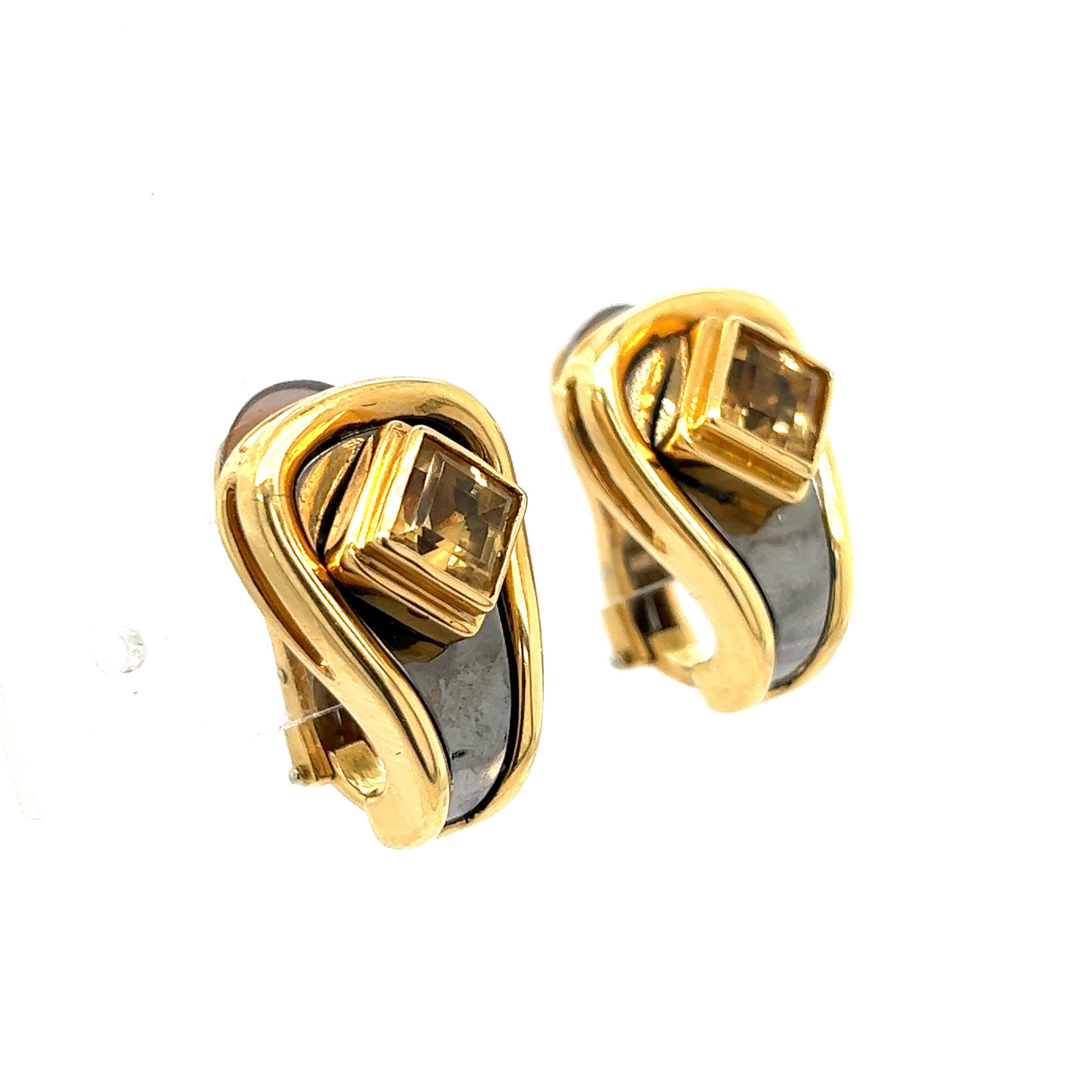 Square Cut Marina B Citrine Gold Ear Clips For Sale