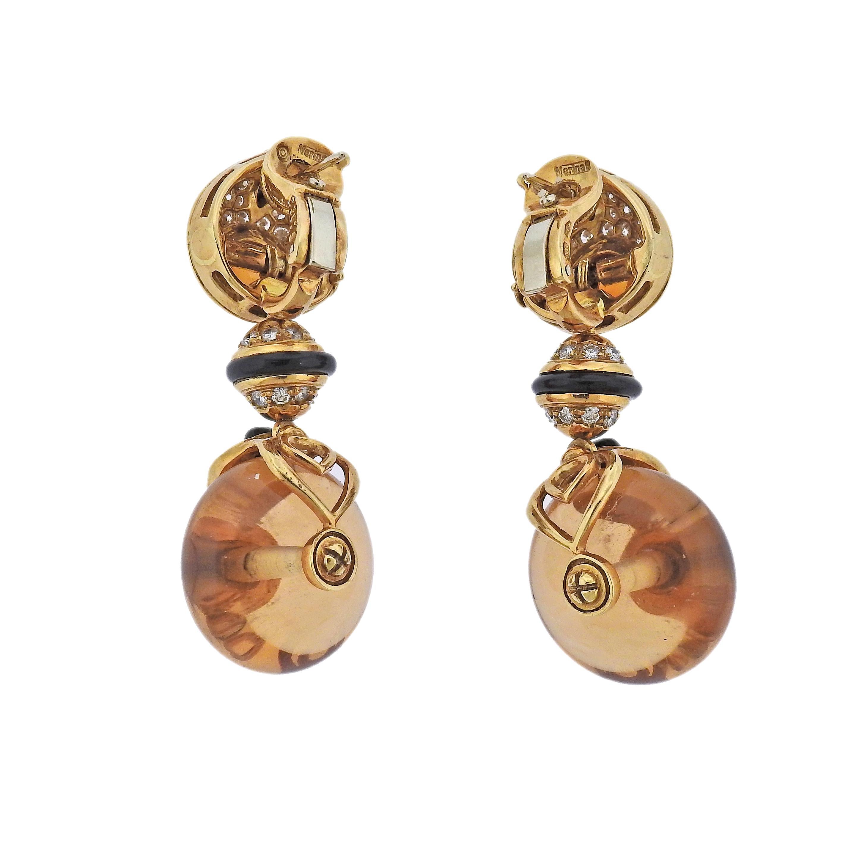 Pair of 18k gold Marina B drop earrings, with onyx, citrines and approx. 1.50ctw in G/VS diamonds. Earrings measure 50mm x 20mm. Marked: Marina B, MB, 750, C3875. Weight - 43.9 grams.