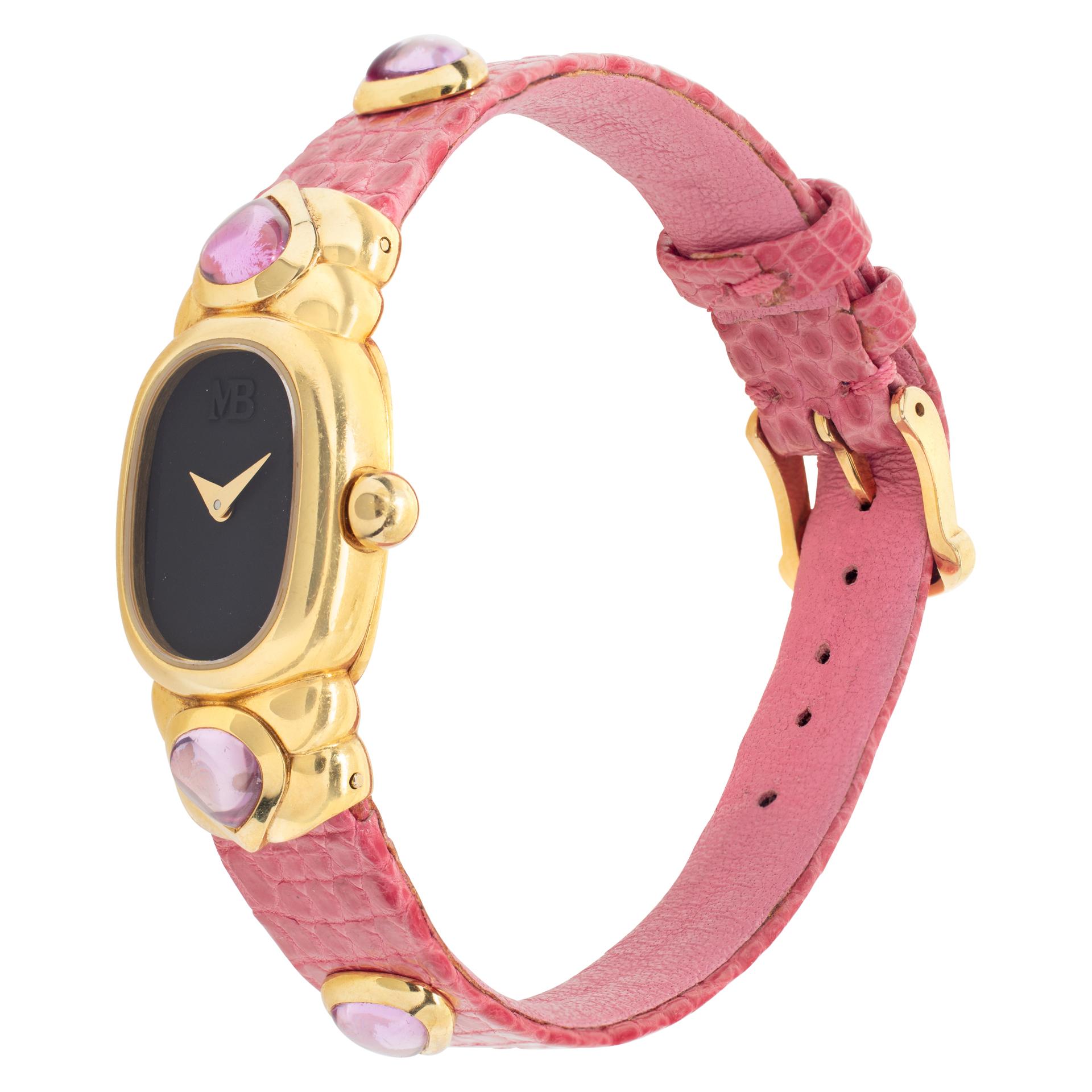 Marina B Classic in 18k yellow gold with pink cabochon tourmaline accents on a pink lizard strap & original Marina B tang buckle. Quartz. 16 mm case size. Ref 975. Fine Pre-owned Marina B Watch. Certified preowned Dress Marina B Classic 975 watch is