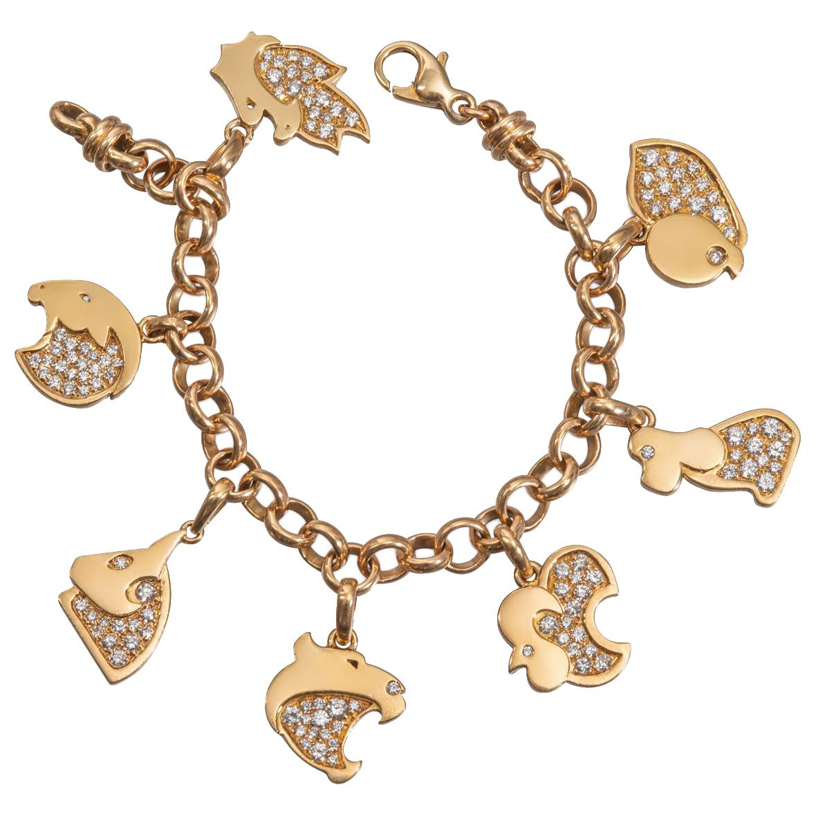 Marina B Diamond and 18 Carat Gold Chinese Zodiac Charm Bracelet For Sale